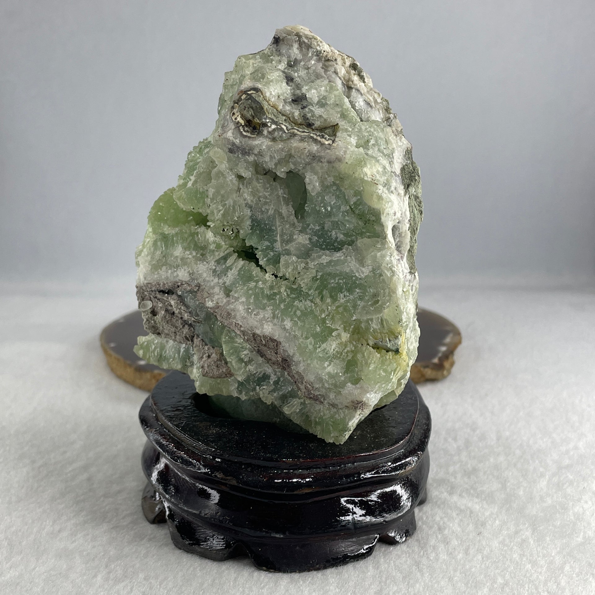 Natural Green Fluorite Rough Irregular Shape Display with Wooden Stand 1.017,9g 107.0 by 86.0 by 135.0mm - Huangs Jadeite and Jewelry Pte Ltd