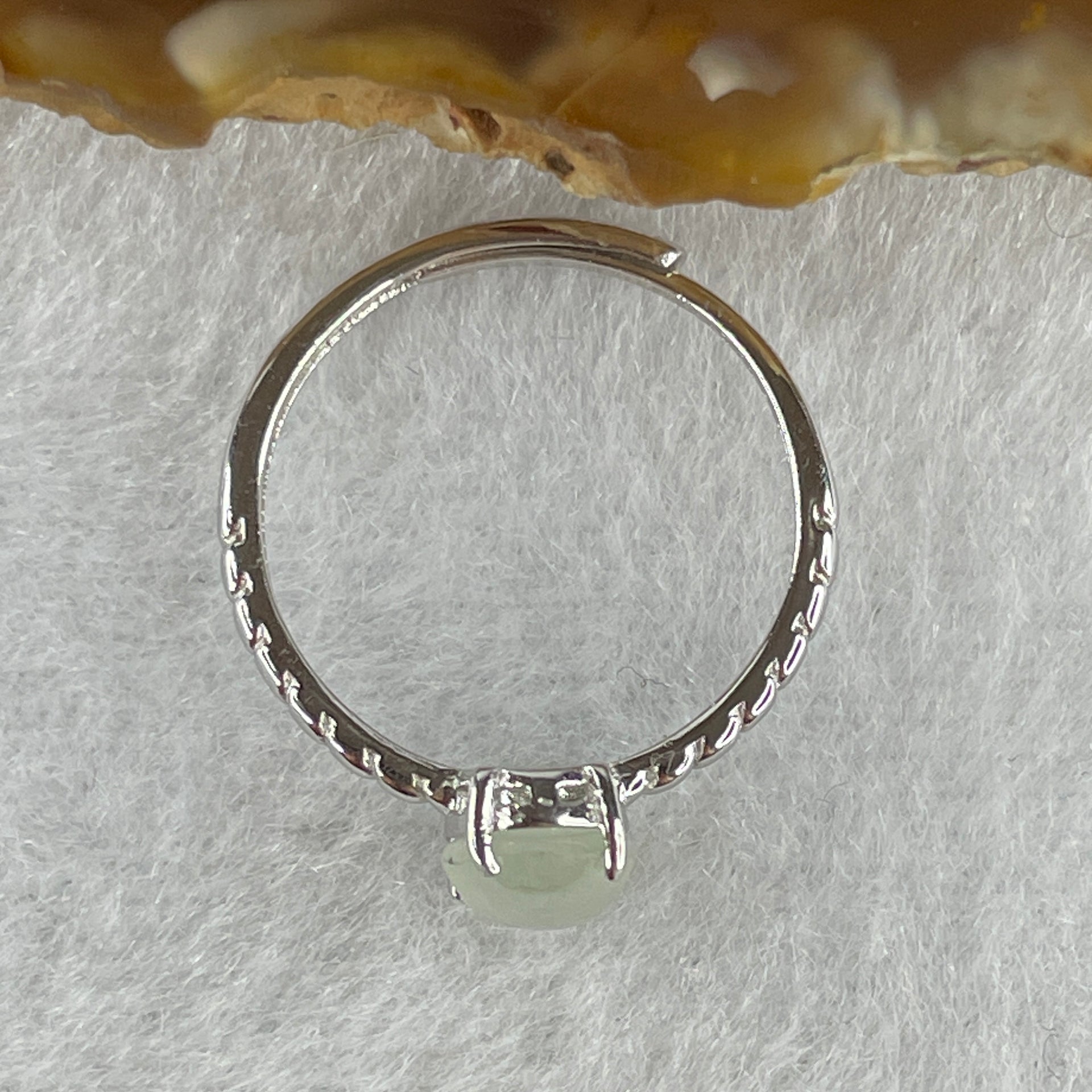 Natural Type A Semi Icy Faint Green Jadeite Oval Shape Cabouchon in S925 Silver Ring (Adjustable Size) 1.50g 7.9 by 6.3 by 3.5mm - Huangs Jadeite and Jewelry Pte Ltd