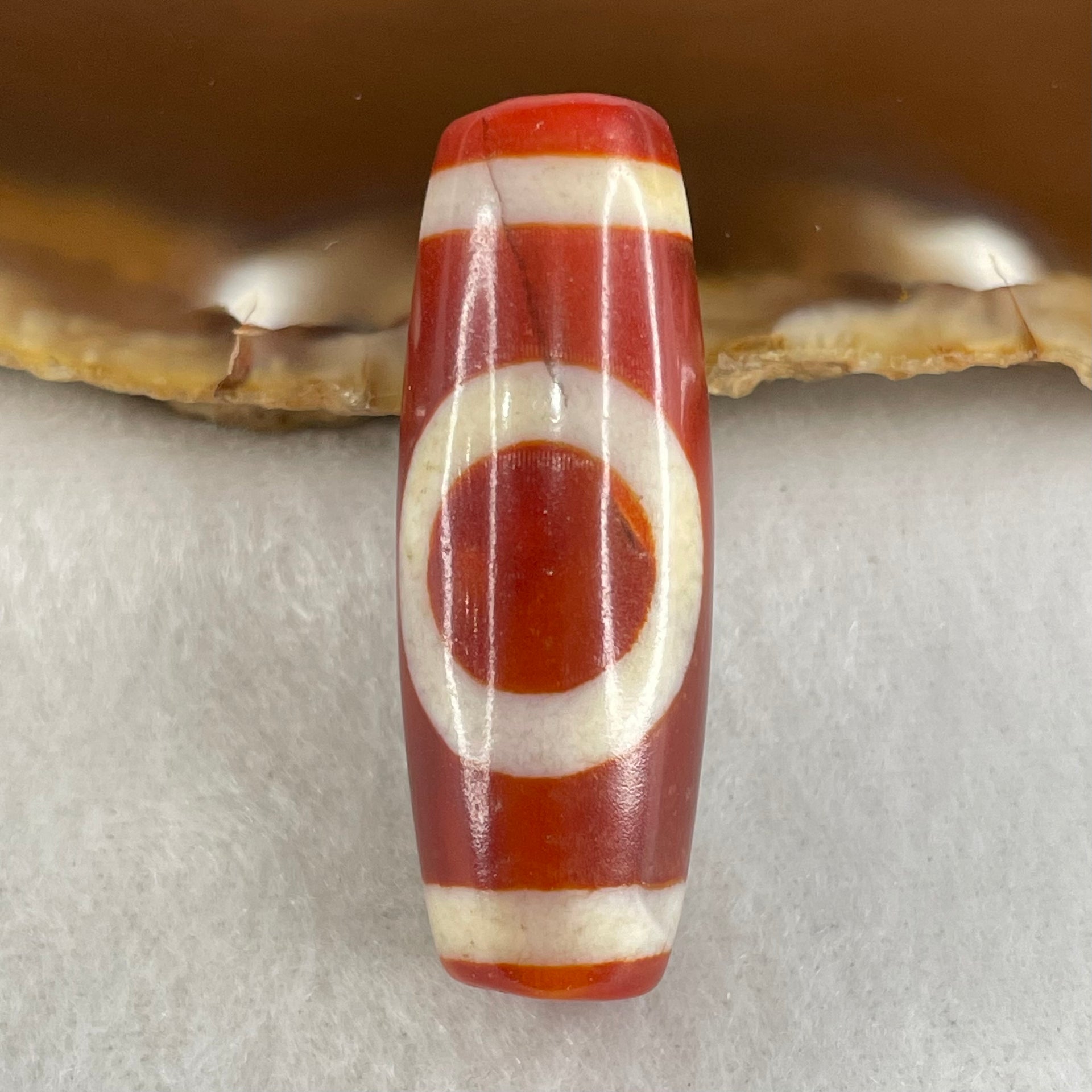 Natural Powerful Tibetan Old Oily Red White Agate One Eye Gold Metal Element Dzi Bead Heavenly Master (Tian Zhu) 一眼金天珠 10.95g 37.5 by 13.6mm - Huangs Jadeite and Jewelry Pte Ltd