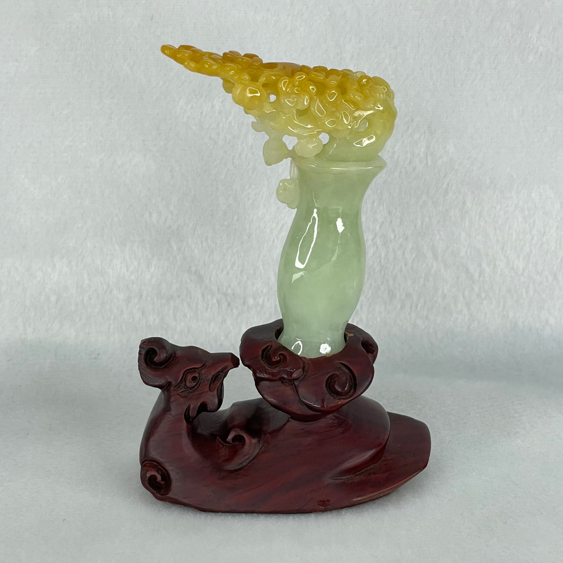 Type A Light Green with Yellow Jadeite Vase with Prosperity Flowers Pendant / Display 28.78g 59.0 by 49.7 by 14.1mm with Wooden Stand - Huangs Jadeite and Jewelry Pte Ltd