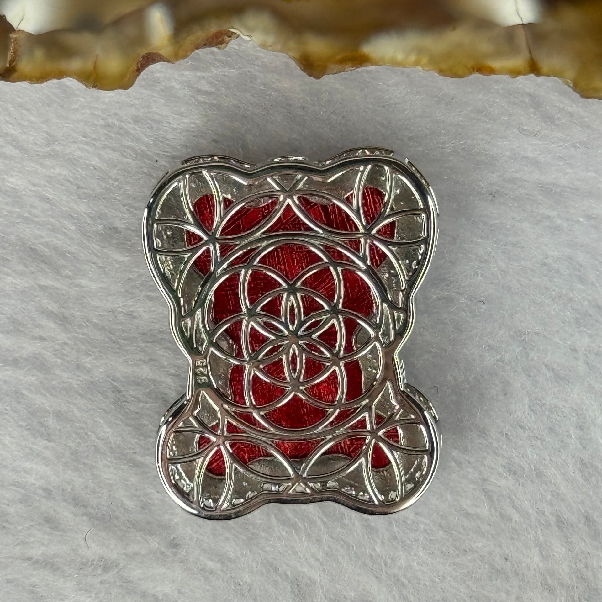 Natural Meteorite Bear Charm in S925 Silver with Crystals For Necklace / Bracelet (Red Color) 7.54g 26.3 by 21.3 by 8.5mm - Huangs Jadeite and Jewelry Pte Ltd