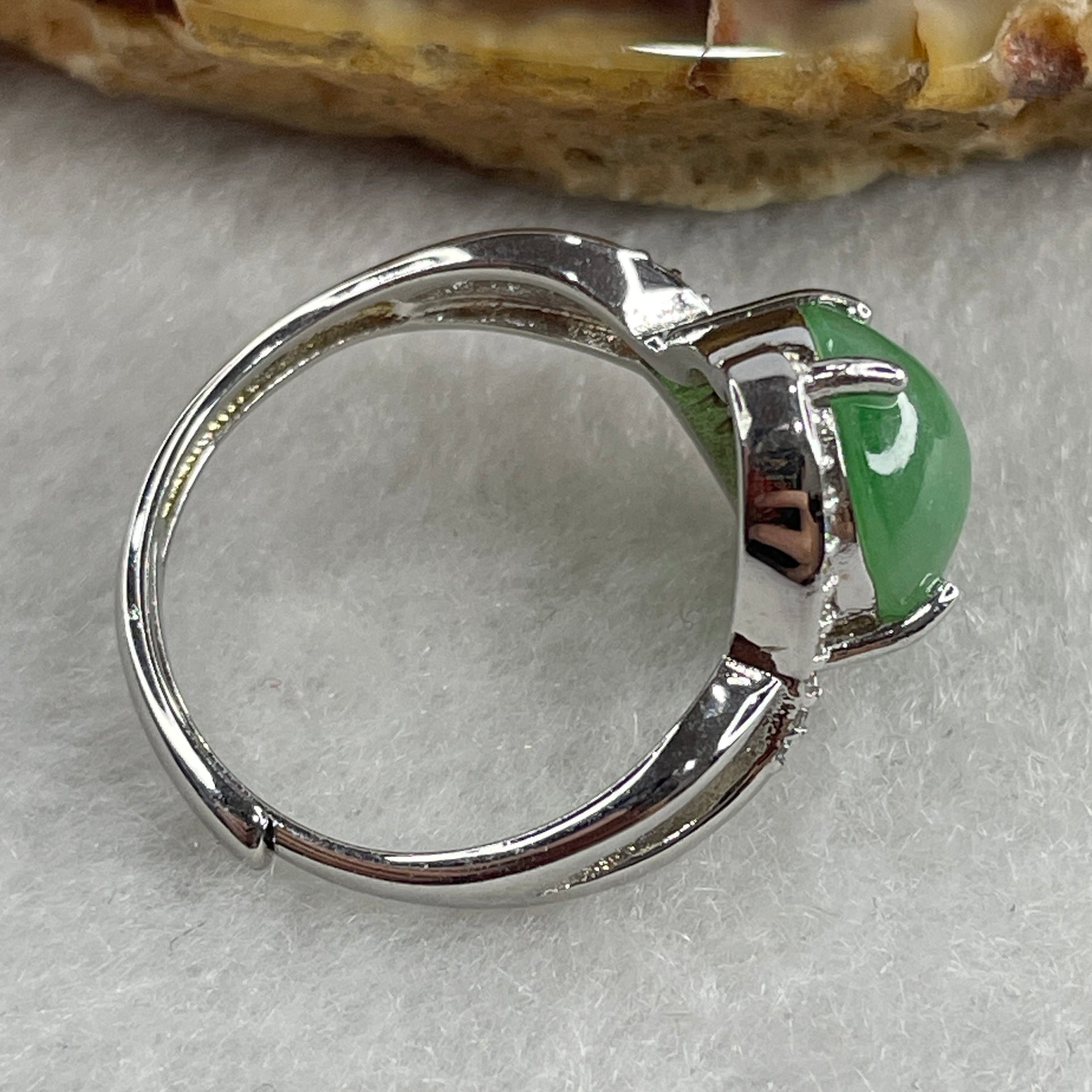 Type A Green Jadeite Ring in S925 Sliver with Cubic Zirconia 2.67g 9.5 by 8.7 by 4.0mm (Adjustable Size) - Huangs Jadeite and Jewelry Pte Ltd