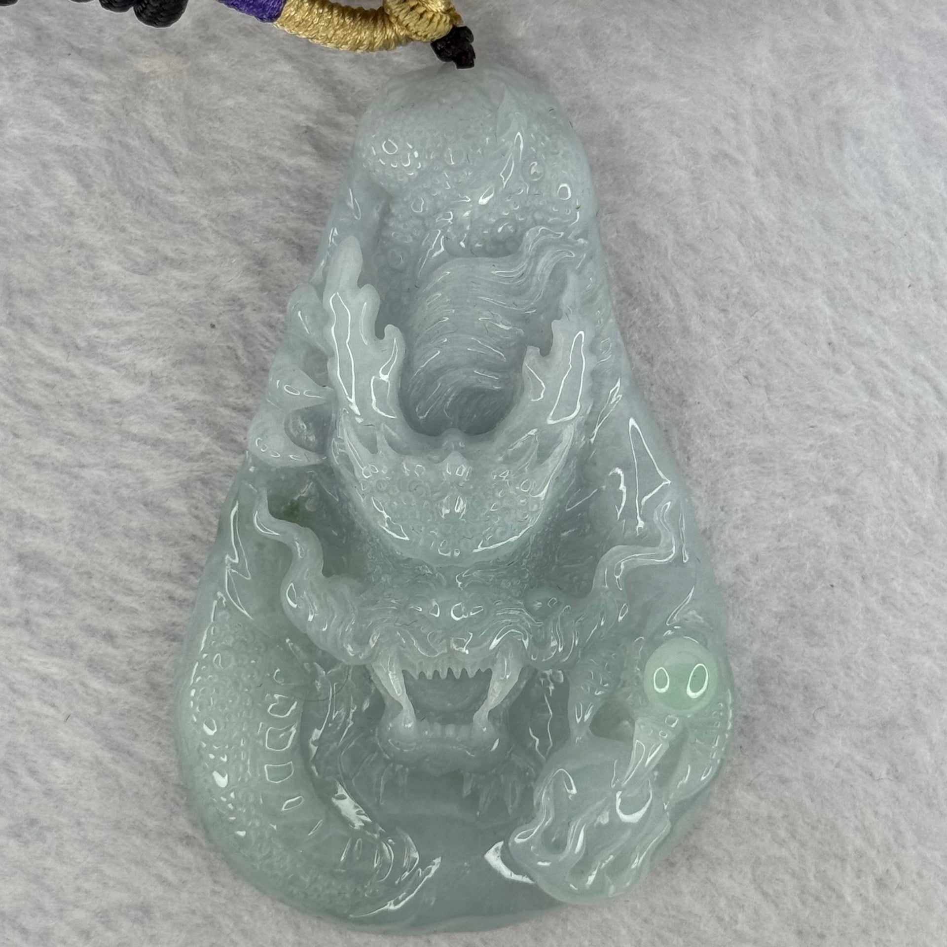 Type A Green Lavender Jadeite Dragon Pendant 61.74g 72.1 by 47.2 by 13.3mm - Huangs Jadeite and Jewelry Pte Ltd