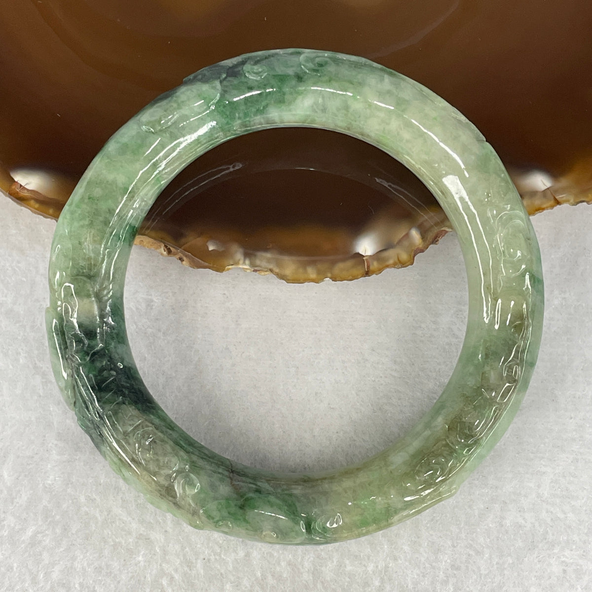 Natural Type A Jadeite Bangle | Full Round Flower Carved Green & Dark Green Piao Hua (77.90g | 58.1mm Inner Diameter | 13.0 x 12.8mm) (External Line)