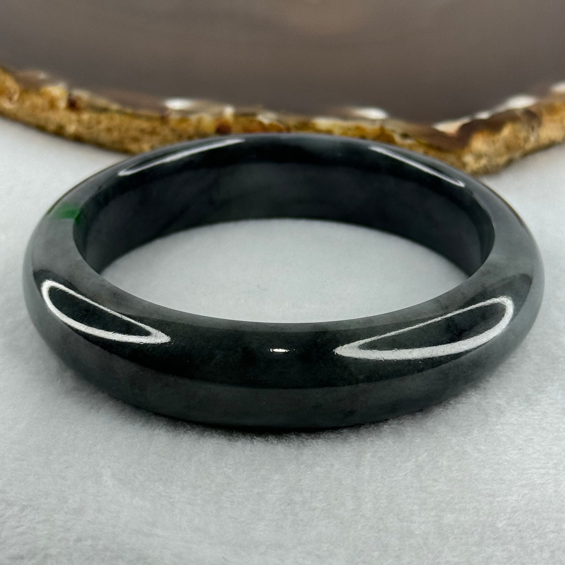 Type A Wuji Grey Black with Imperial Green Patch Jadeite Bangle Internal Diameter 57.0mm 66.25g 14.4 by 8.7mm (Internal Lines) - Huangs Jadeite and Jewelry Pte Ltd