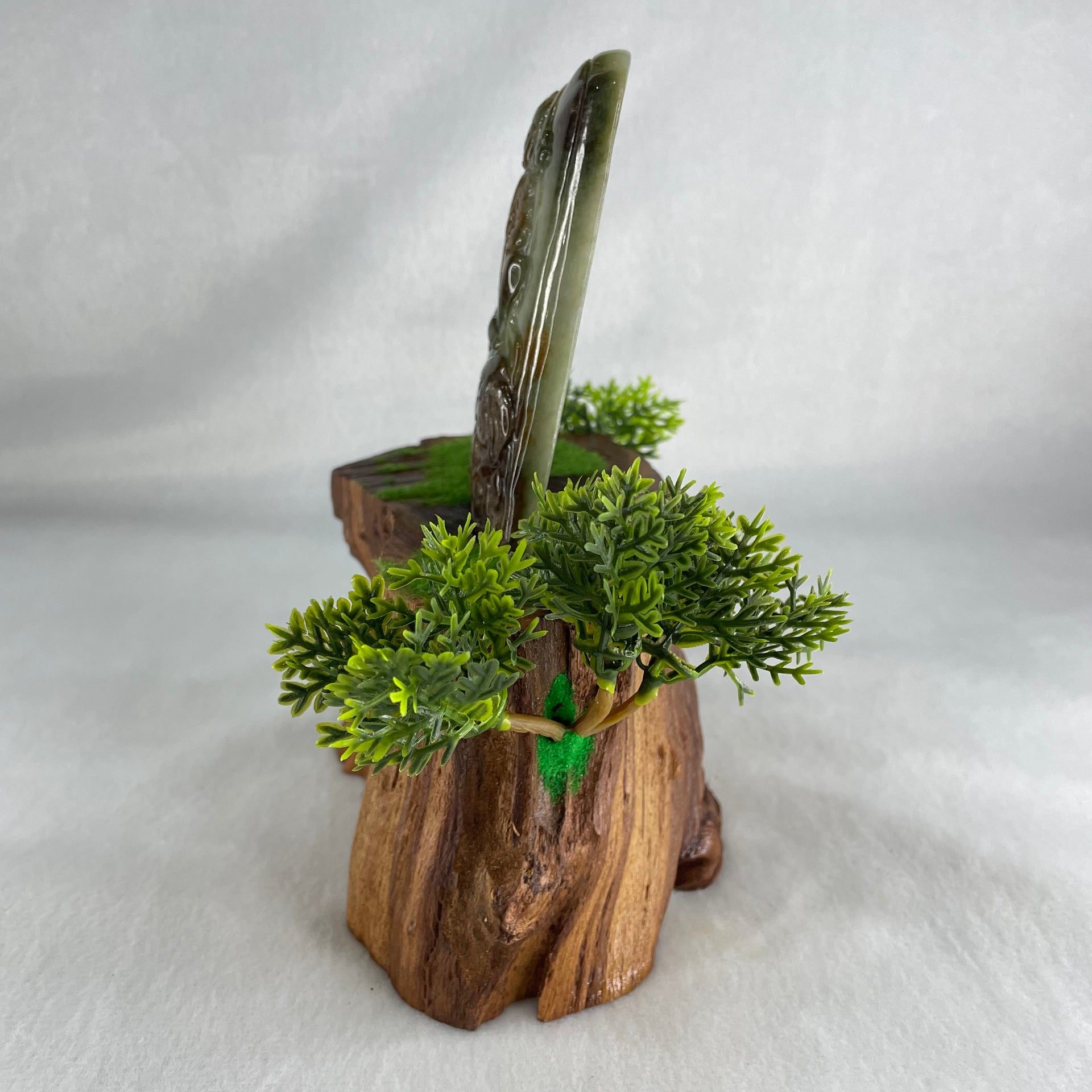 Type A Blueish Green with Brown Jadeite Samantabhadra Bodhisattva Guan Yin on Elephant and Shan Shui Pendant 188.54g with Wooden Stand Display Total 530.1g 122.5 by 91.0 by 156.0mm - Huangs Jadeite and Jewelry Pte Ltd