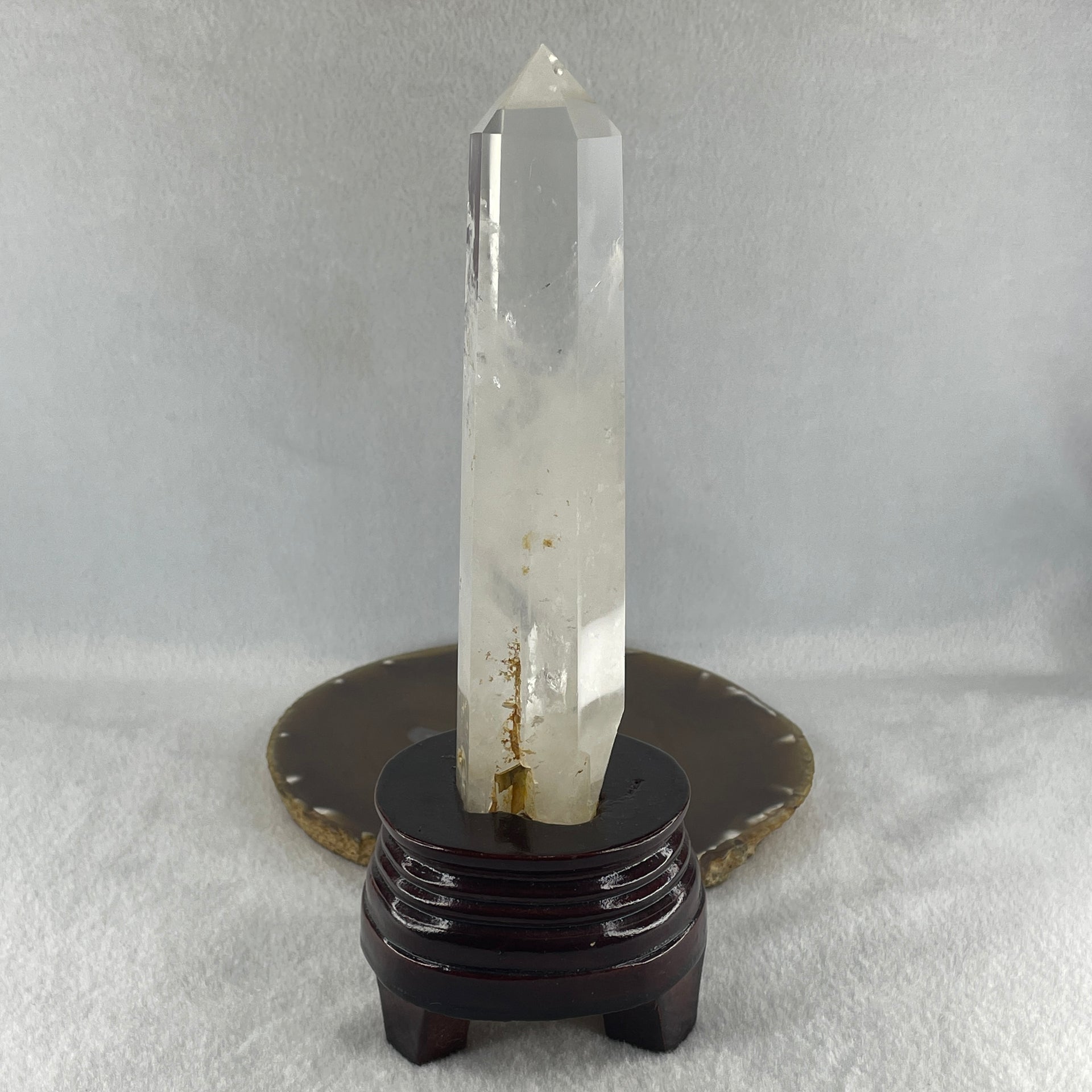 Natural Clear Quartz Tower with Wooden Stand 450.7g 80.1 by 75.9 by 210.0mm - Huangs Jadeite and Jewelry Pte Ltd