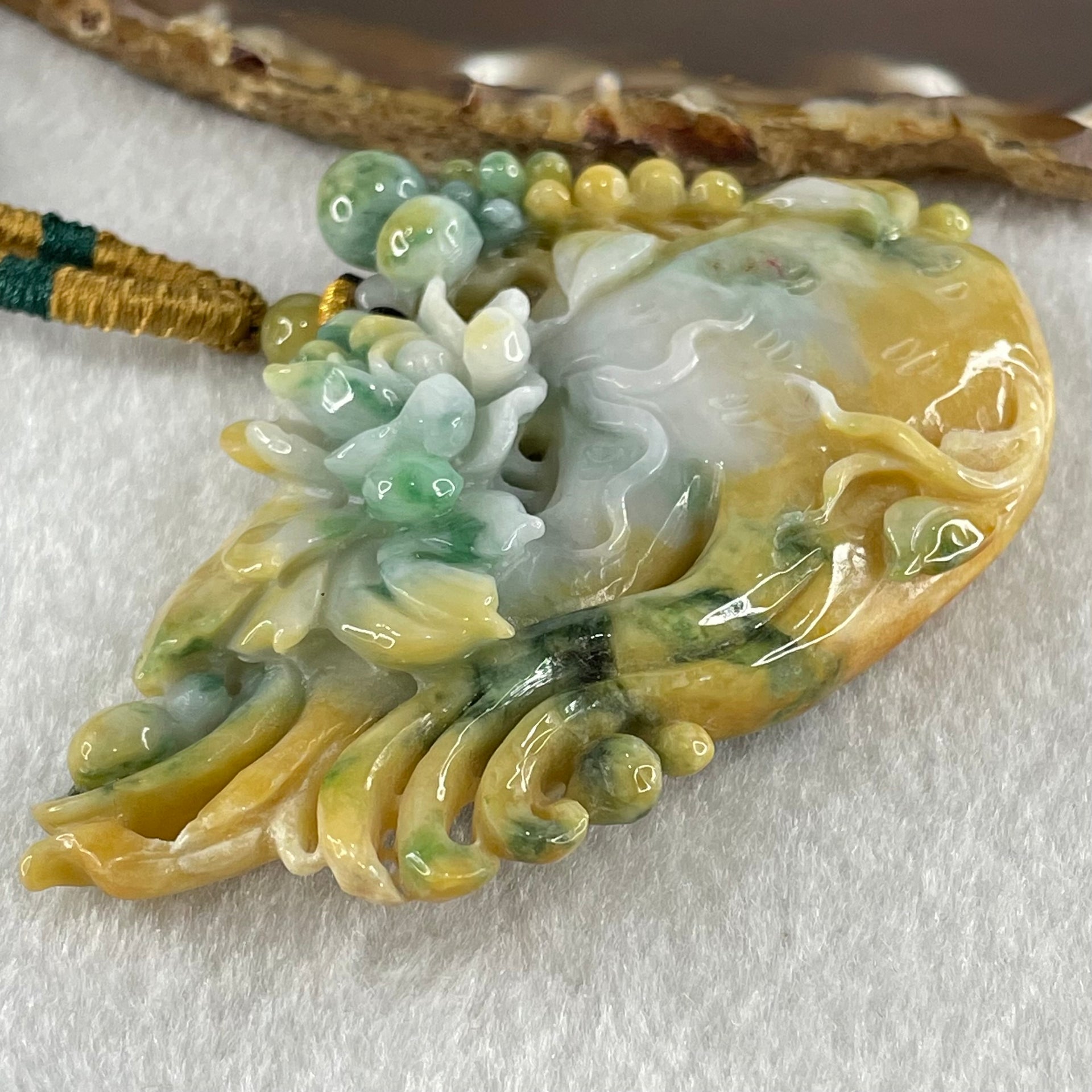 Grandmaster Type A Yellow and Lavender Patches with Old Mine Green Piao Hua Jadeite Flowers Pendant 人生如意 75.81g 84.1 by 55.7 by 14.8mm - Huangs Jadeite and Jewelry Pte Ltd