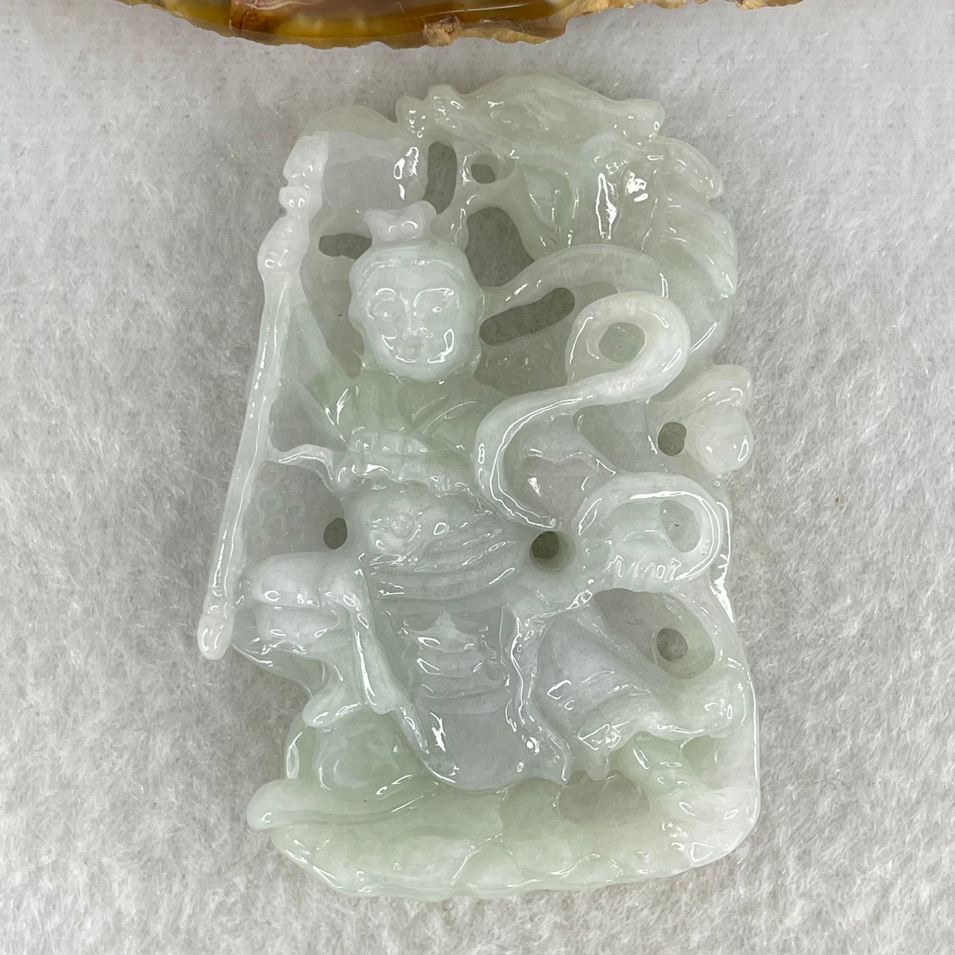 Type A Light Green with Lavender Jadeite Sun Wu Kong with Dragon Pendant 26.42g 52.8 by 36.3 by 36.2mm - Huangs Jadeite and Jewelry Pte Ltd