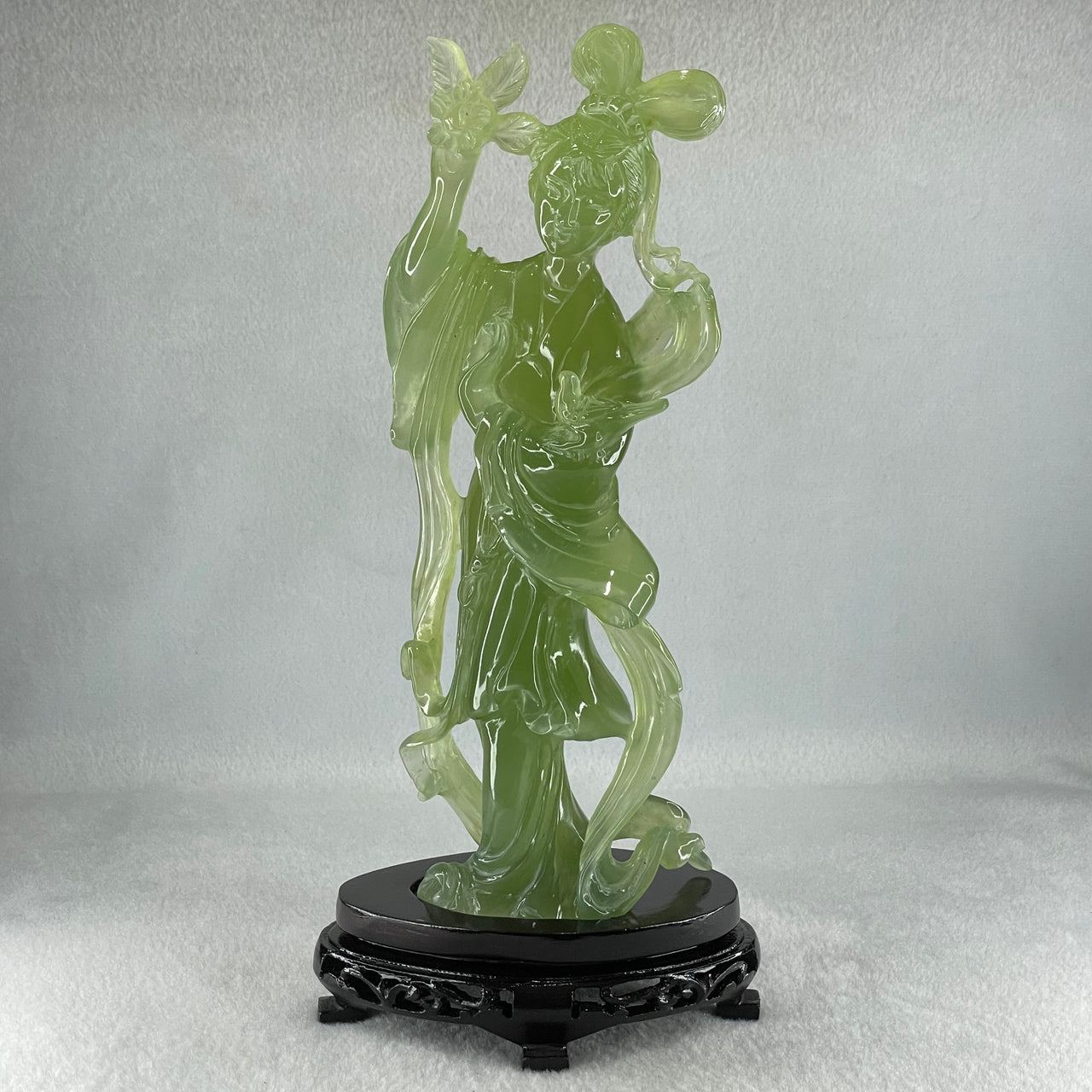 Natural Green Serpentine Fairy with Bird and Flower with Wooden Stand Display 697.8g 118.0 by 257.0 by 75.0mm - Huangs Jadeite and Jewelry Pte Ltd