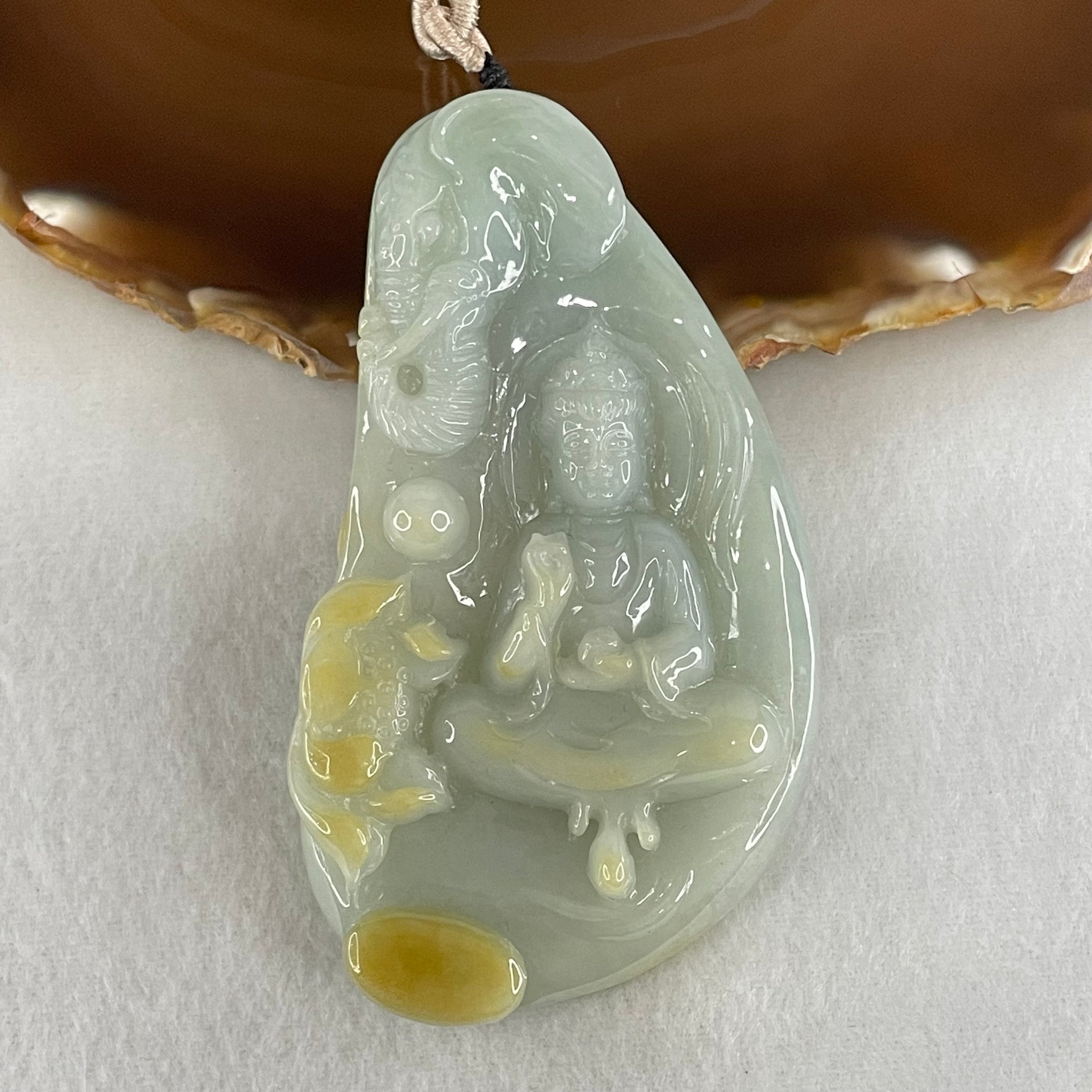 Type A Light Blueish Green with Yellow Jadeite Samantabhadra Bodhisattva Guan Yin on Elephant and Flower Pendant 93.42g 84.3 by 49.0 by 13.2mm - Huangs Jadeite and Jewelry Pte Ltd