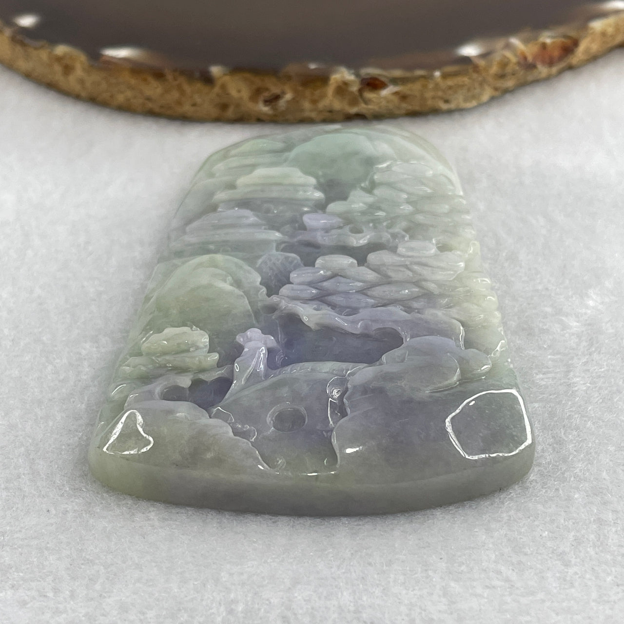 Natural Type A Light Green & Lavender Jadeite Shan Shui with Guiren Benefactor Pendant | Untreated Fei Cui Landscape Plaque (90.10g | 80.8mm x 53.4mm x 9.6mm)