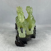 Natural Green Serpentine Double Horse with Wooden Stand Display 971.8g 220.0 by 104.5 by 115.0mm - Huangs Jadeite and Jewelry Pte Ltd
