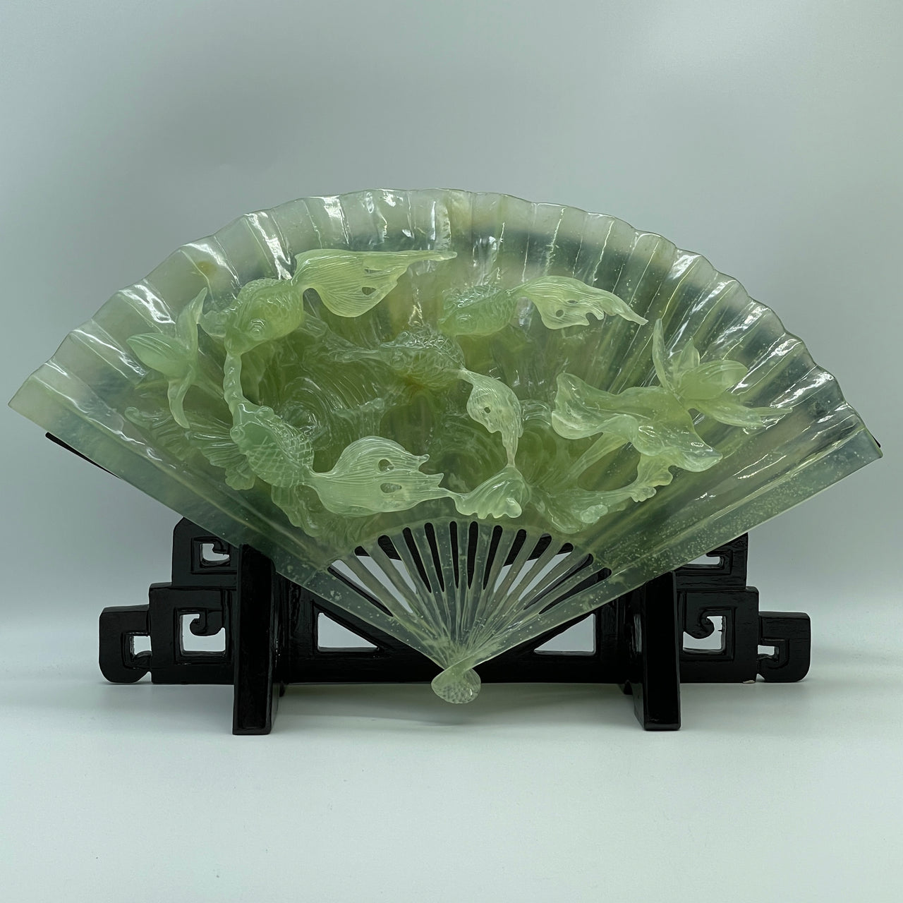 Natural Icy Green 4 Gold Fish with Lotus Flowers on Fan with wooden Stand Display 2,279.2g 400.0 by 170.0 by 245.0mm