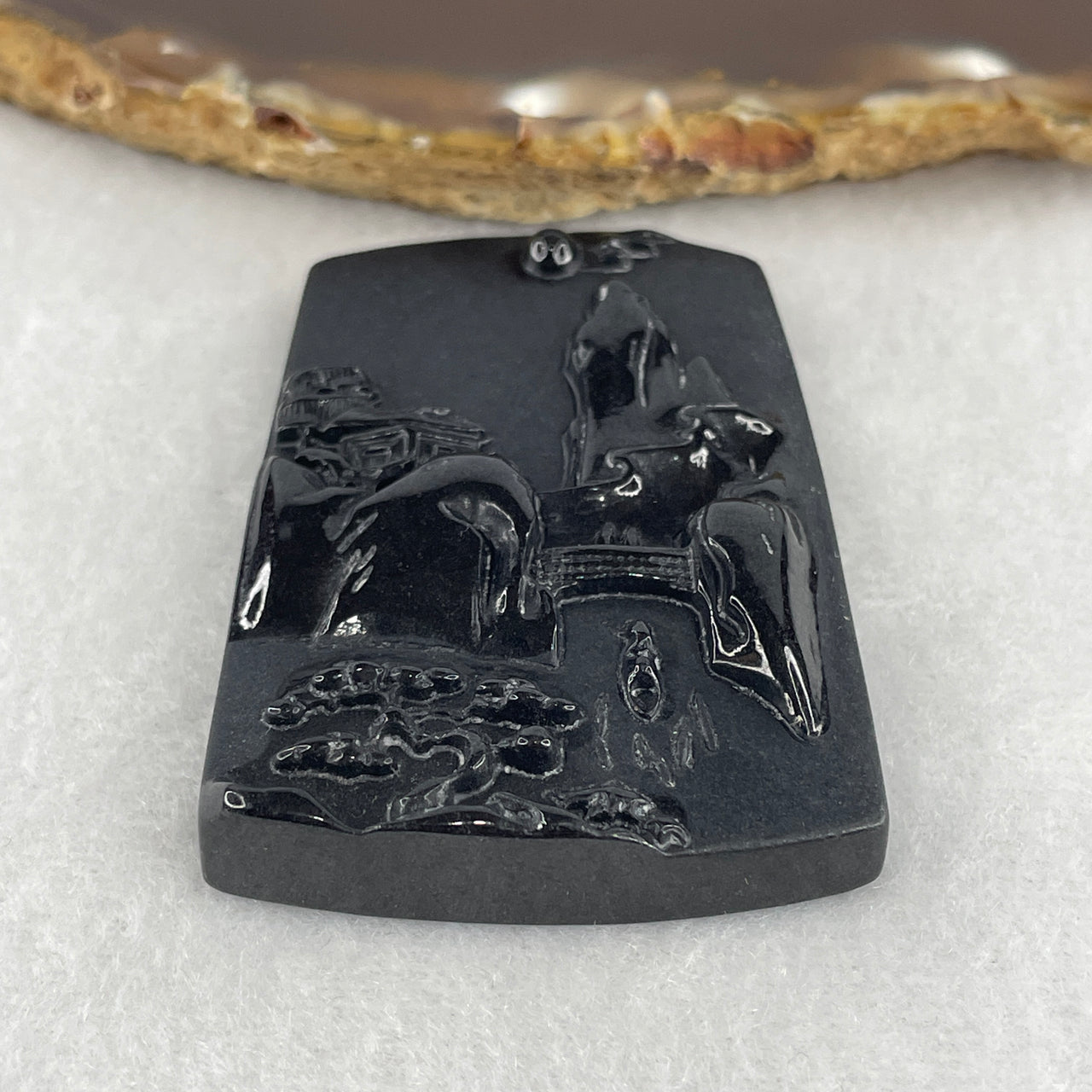 Certified Type A Opaque Black Omphacite Jadeite Shan Shui & Double Gui Ren Pendant | 55mm Natural Black Jade Mountain Water & Benefactor Talisman (20.07g | 55.7 x 38.6 x 8.8mm)