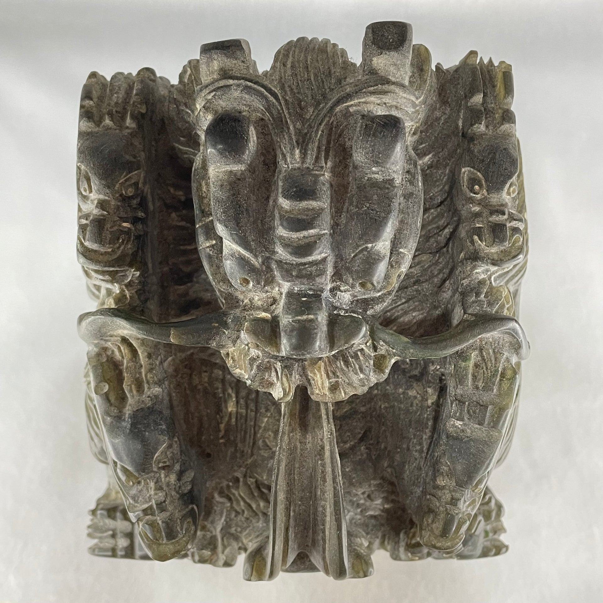 Natural Dark Green Agalmatolite Shou Shan Stone 9 Dragons with Inscription Seal Display 6,401.7g 119.0 by 121.1 by 200.0mm - Huangs Jadeite and Jewelry Pte Ltd