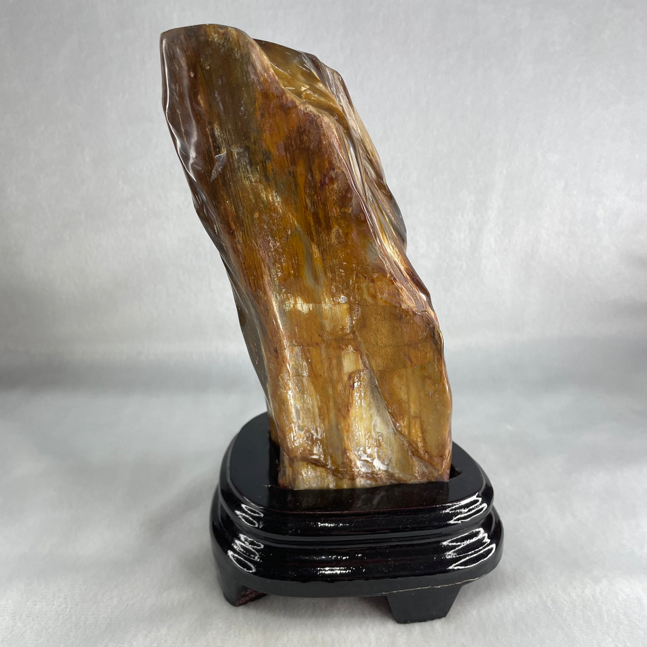 Natural Fossilised Petrified Wood Tower with Wooden Stand Display 1383.4g 190.0 by 124.2 by 105.4 mm - Huangs Jadeite and Jewelry Pte Ltd