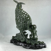 Natural Dark Green Serpentine Double Carp Fish with Gui ren and Lotus and Twin Ducks with Wooden Stand Display 2,032.7g 242.0 by 95.0 by 263.0mm - Huangs Jadeite and Jewelry Pte Ltd