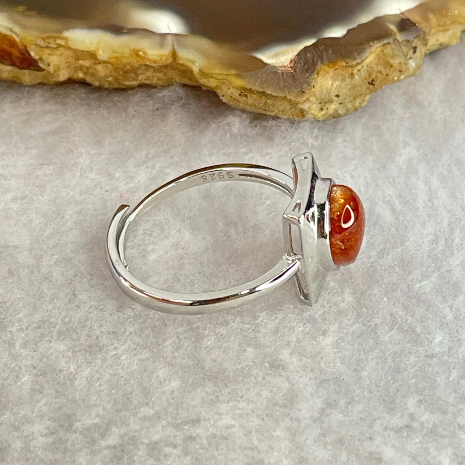 Good Grade Natural Golden Sun Stone in S925 Silver Ring (Adjustable Size) 2.21g 8.9 by 6.8 by 3.5mm - Huangs Jadeite and Jewelry Pte Ltd