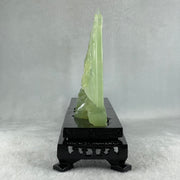 Natural Icy Light Green Serpentine Shan Shui with Gui ren Benefactor on Boat with Twin Birds with Wooden Stand Display 695.1g 242.0 by 164.0 by 83.0mm - Huangs Jadeite and Jewelry Pte Ltd