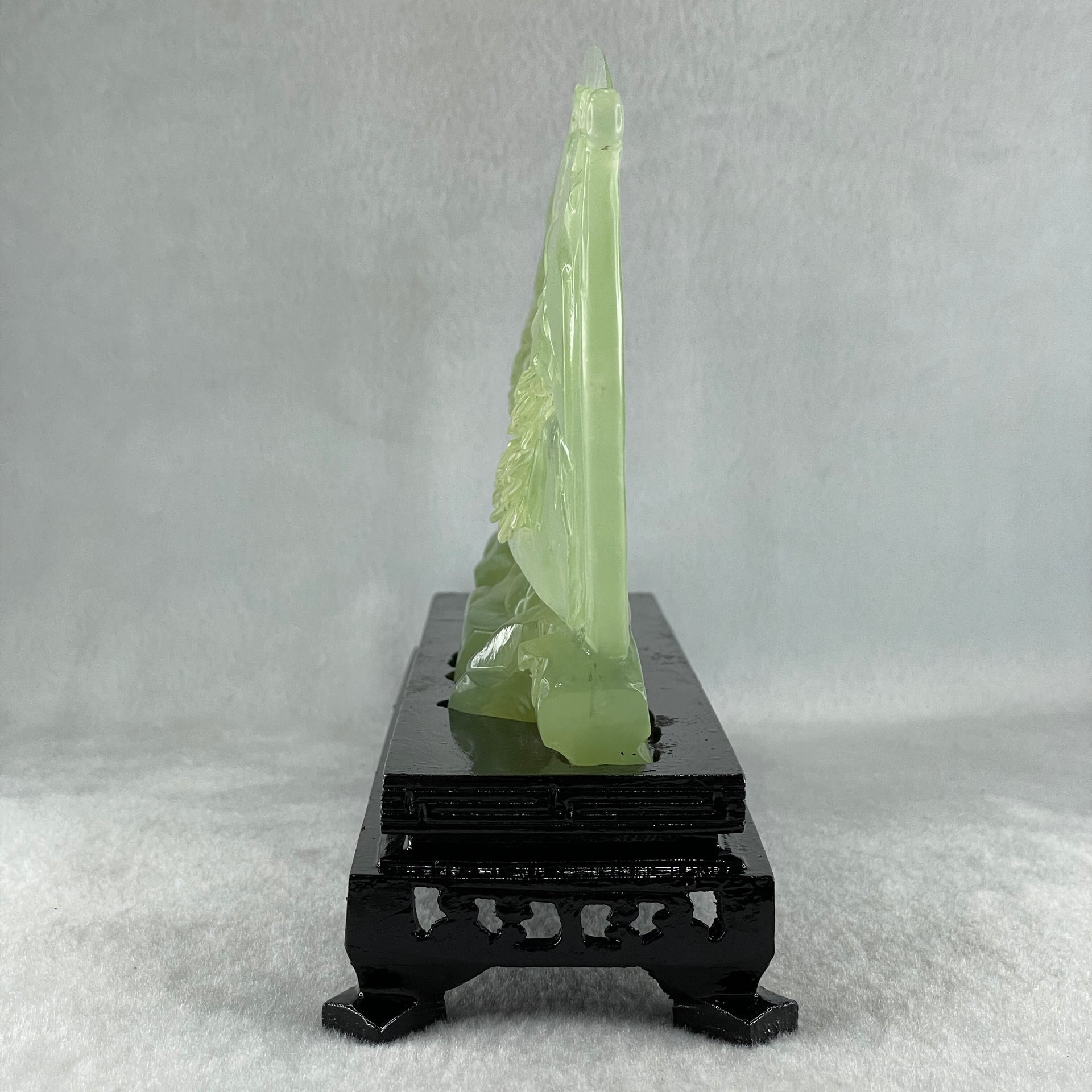 Natural Icy Light Green Serpentine Shan Shui with Gui ren Benefactor on Boat with Twin Birds with Wooden Stand Display 695.1g 242.0 by 164.0 by 83.0mm - Huangs Jadeite and Jewelry Pte Ltd