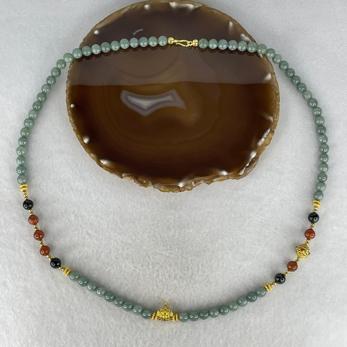 Natural Type A Green, Red & Black Jadeite Beads Necklace with Carved Charm | 64cm 68 Beads 7.5mm (63.58g | Supreme Grounding, Heart Vitality & Elemental Shield)
