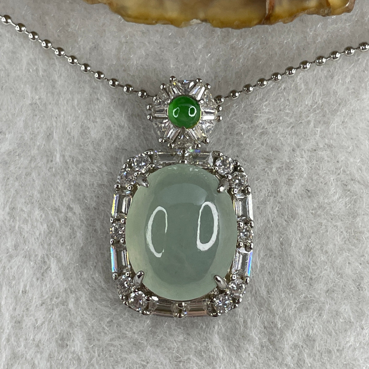 Natural Type A Semi Icy Light Green Jadeite Cabochon Necklace in S925 Silver | (5.80g | 44cm S925 | 13.8 x 11.0 x 5.5mm | Elegance & Abundance Anchor, Feng Shui Prosperity & Executive Charm Necklace) - Huangs Jadeite and Jewelry Pte Ltd