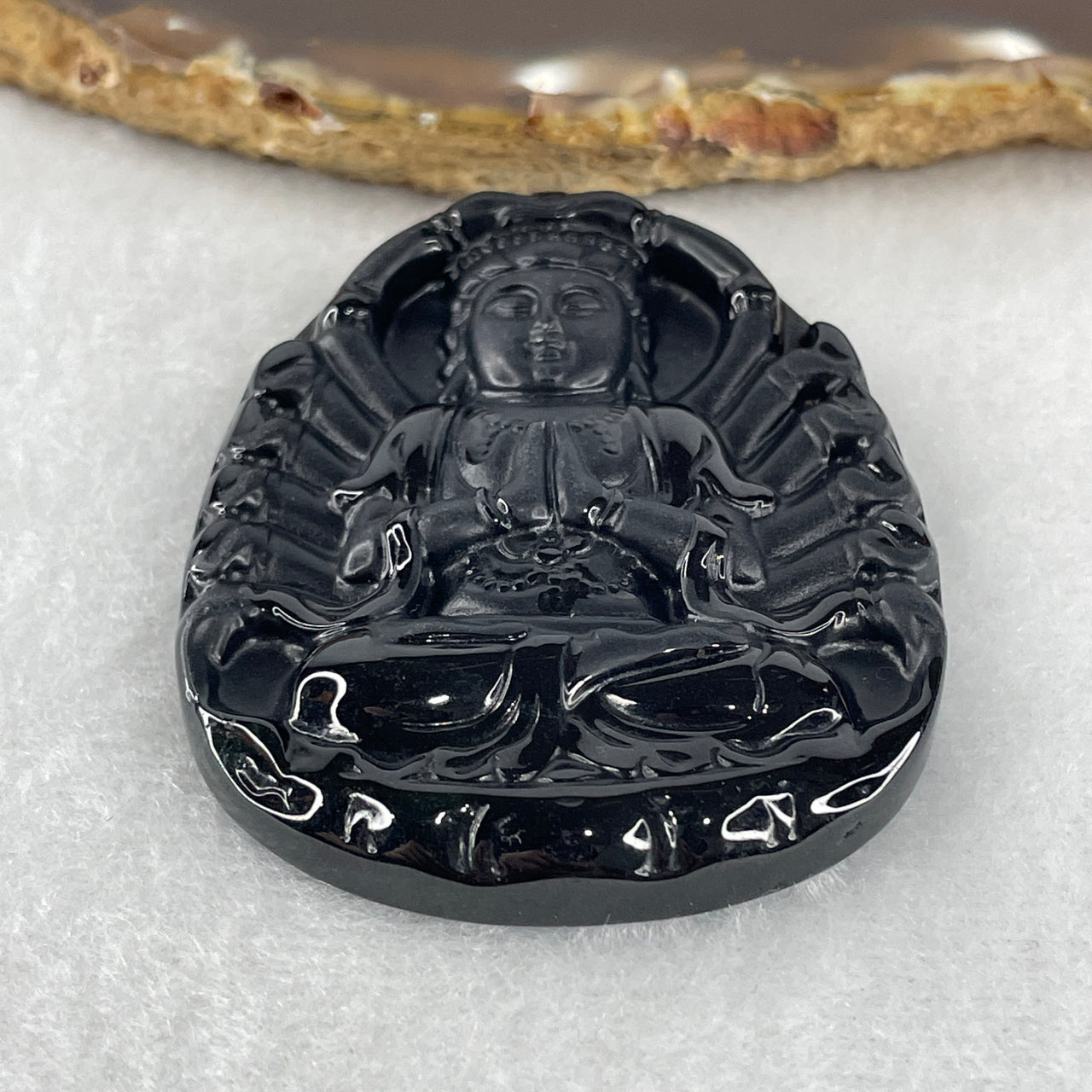 Certified Type A Opaque Black Omphacite Jadeite Thousand-Hand Guan Yin Pendant | 58mm Natural Black Jade Infinite Compassion & Protection Amulet (28.05g | 58.6 x 45.0 x 9.0mm)