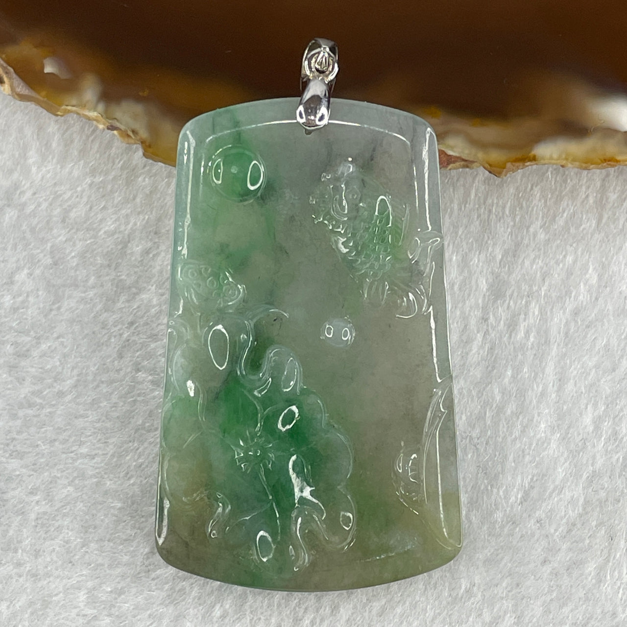 Natural Type A Wuji Grey with High End Bright Green Jadeite Carp Fish with Lotus Flower and Leaf in S925 Silver Pendant 16.45g 48.3 by 30.5 by 5.2mm