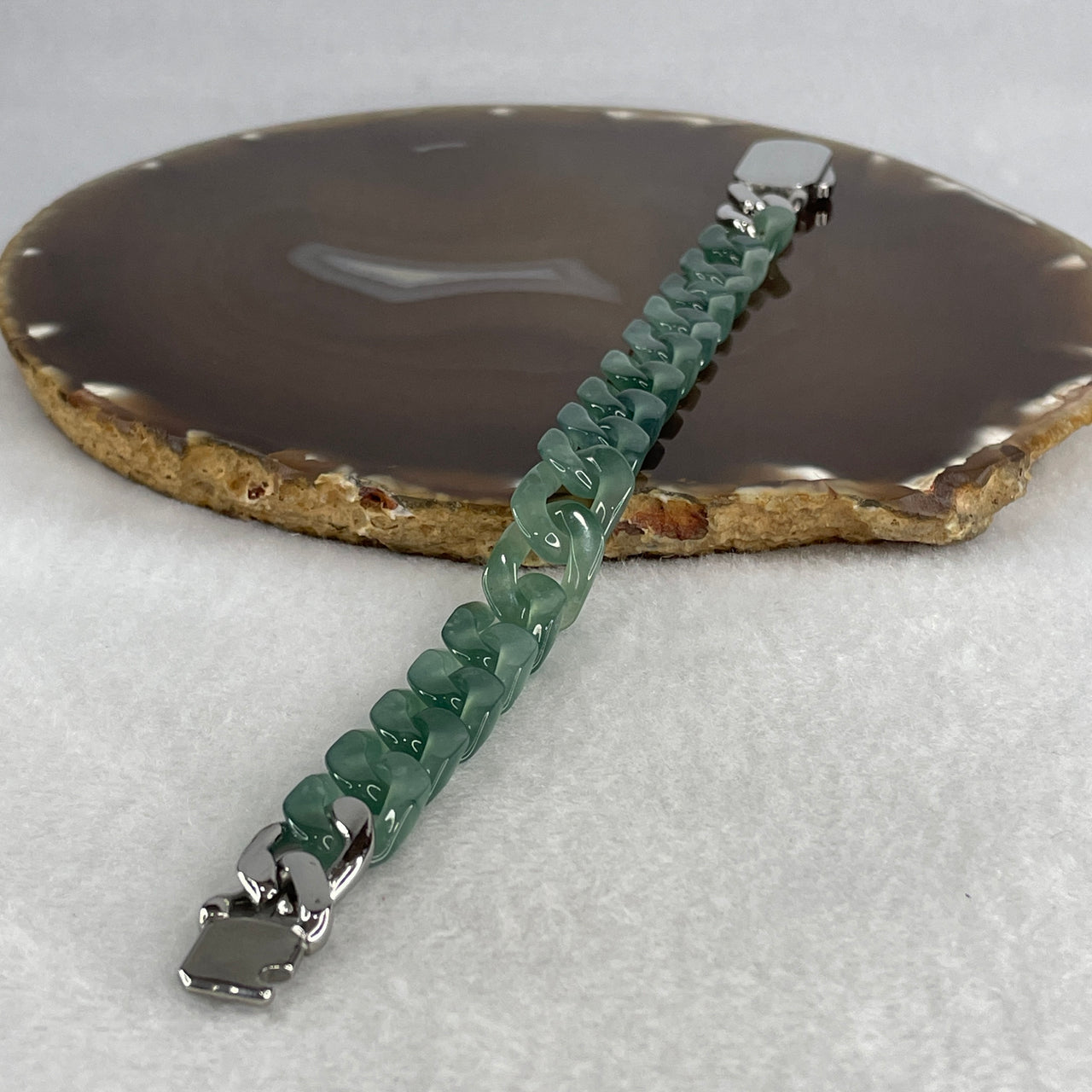Certified Natural Type A Icy Blueish Green Jadeite Cuban Tennis Bracelet with Sliver Color Clasp 26.08g Up to 18cm 11.7 by 3.4mm 16 Pcs