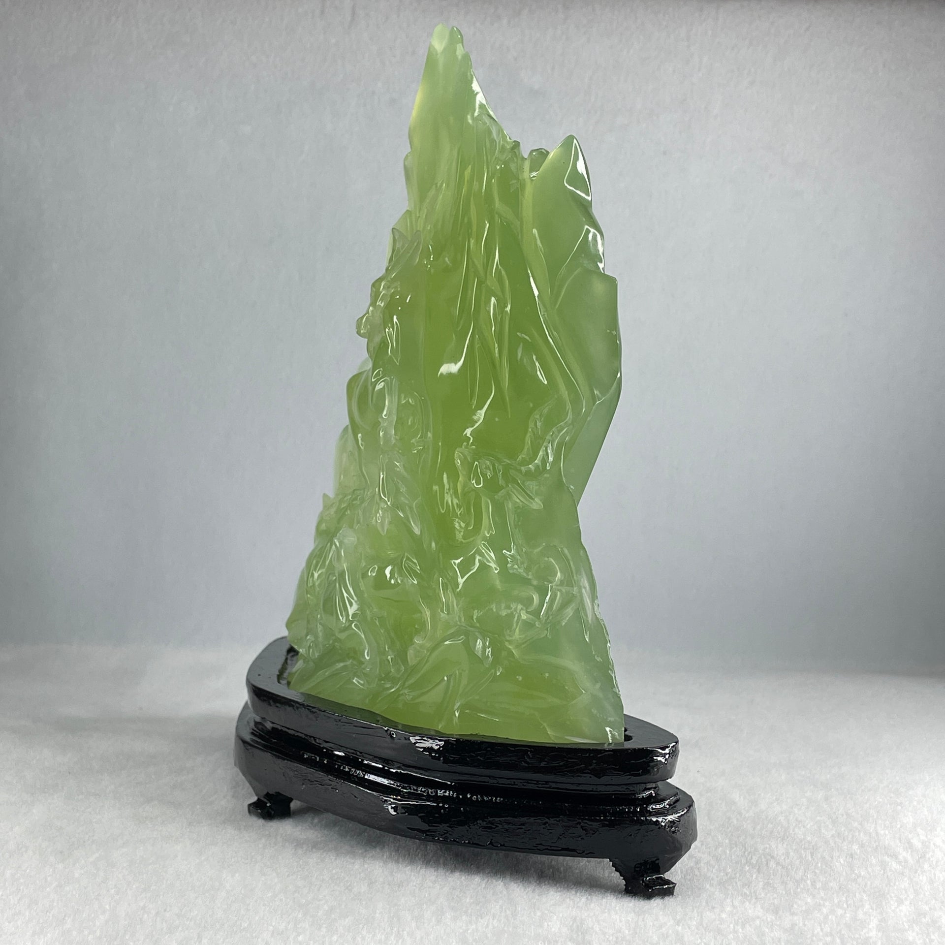 Natural Semi Icy Green Serpentine 5 Deers on Shanshui with Wooden Stand Display 1,293.6g 205.0 by 72.0 by 215.0mm - Huangs Jadeite and Jewelry Pte Ltd