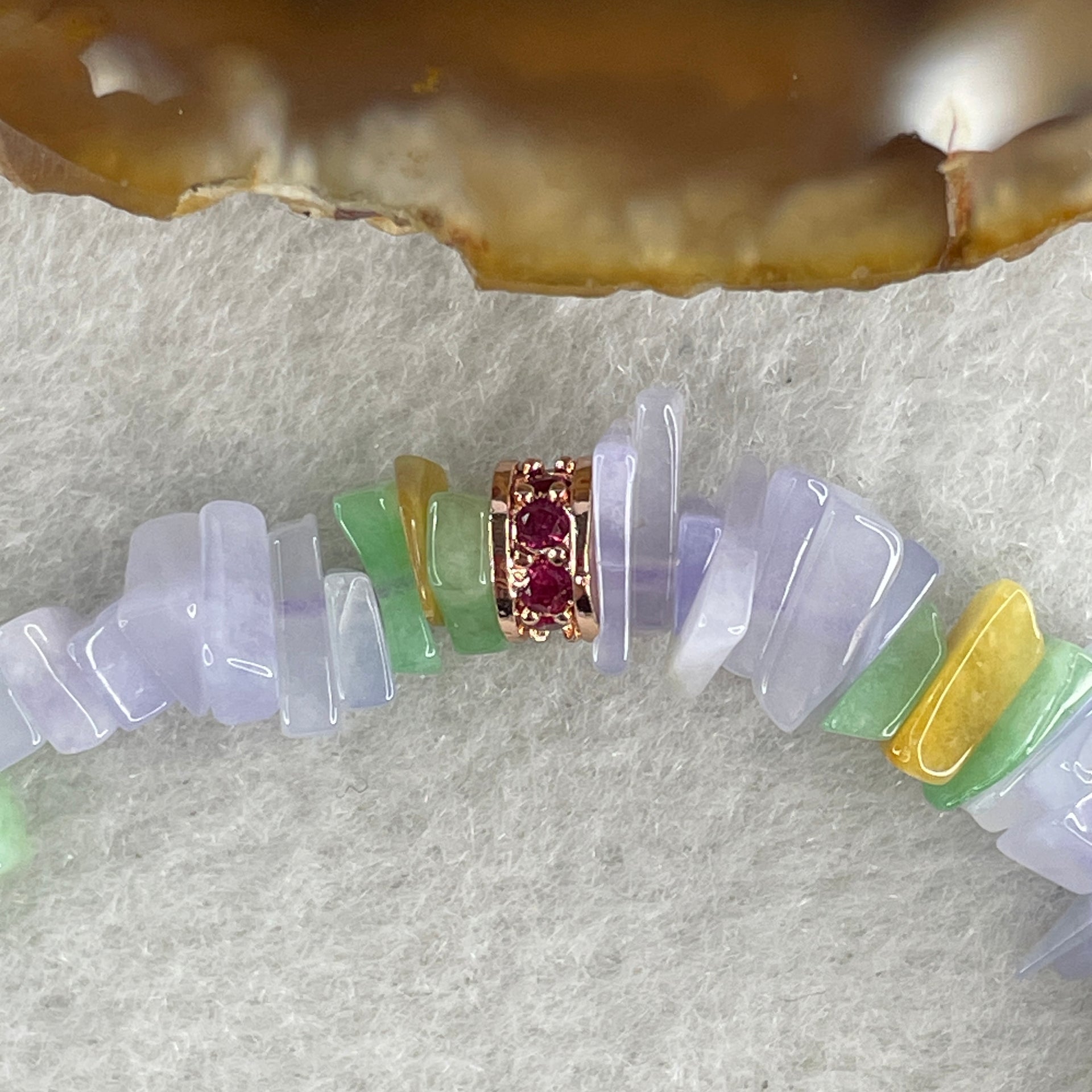 Natural Type A Lavender with Green Yellow Jadeite Irregular Bracelet 14.36g 14cm 8.2mm 94 Pcs - Huangs Jadeite and Jewelry Pte Ltd