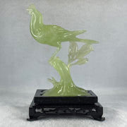 Natural Green Serpentine Javan Mynah Birds on Tree with Wooden Stand Display 338.9g 125.0 by 175.0 by 78.0mm - Huangs Jadeite and Jewelry Pte Ltd