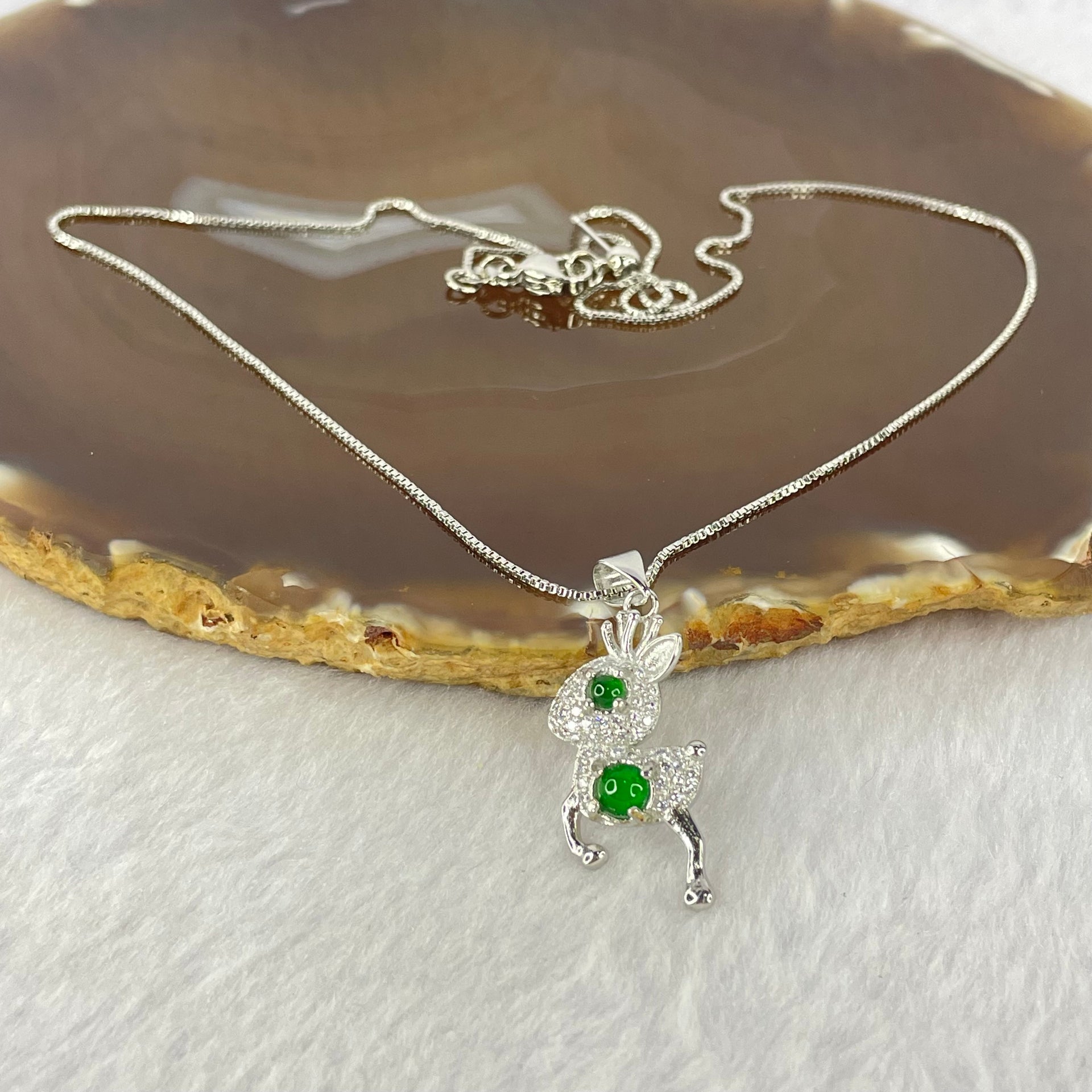 Type A Icy Green Omphasite Jadeite Cabochons in Sliver Deer Pendent Necklace 4.22g Middle Jadeite 4.3 by 1.5mm - Huangs Jadeite and Jewelry Pte Ltd