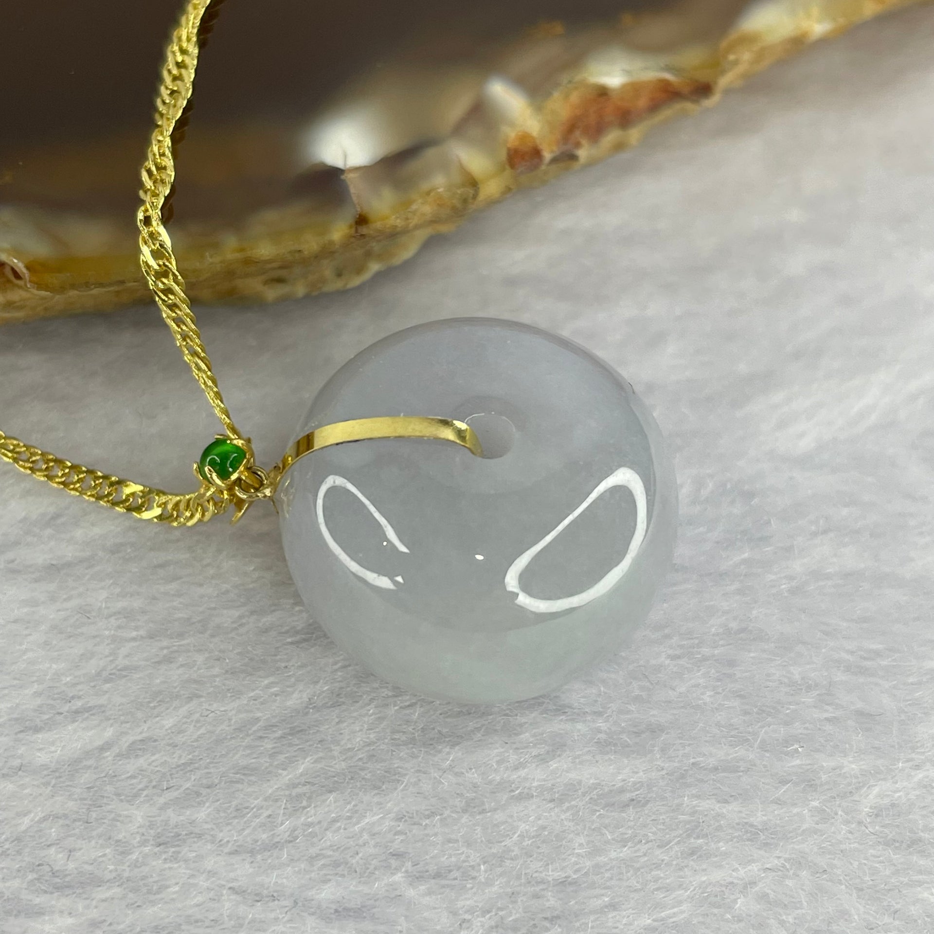 Type A Lavender Jadeite Ping An Kou Donut 平安扣 in 18k Gold Setting 9.43g 18.8 by 18.9 by 13.5mm with 925 Silver Necklace - Huangs Jadeite and Jewelry Pte Ltd