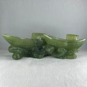 Natural Semi Icy Green Serpentine Double Boats Display 1,692.9g 287.0 by 121.0 by 130.0mm - Huangs Jadeite and Jewelry Pte Ltd