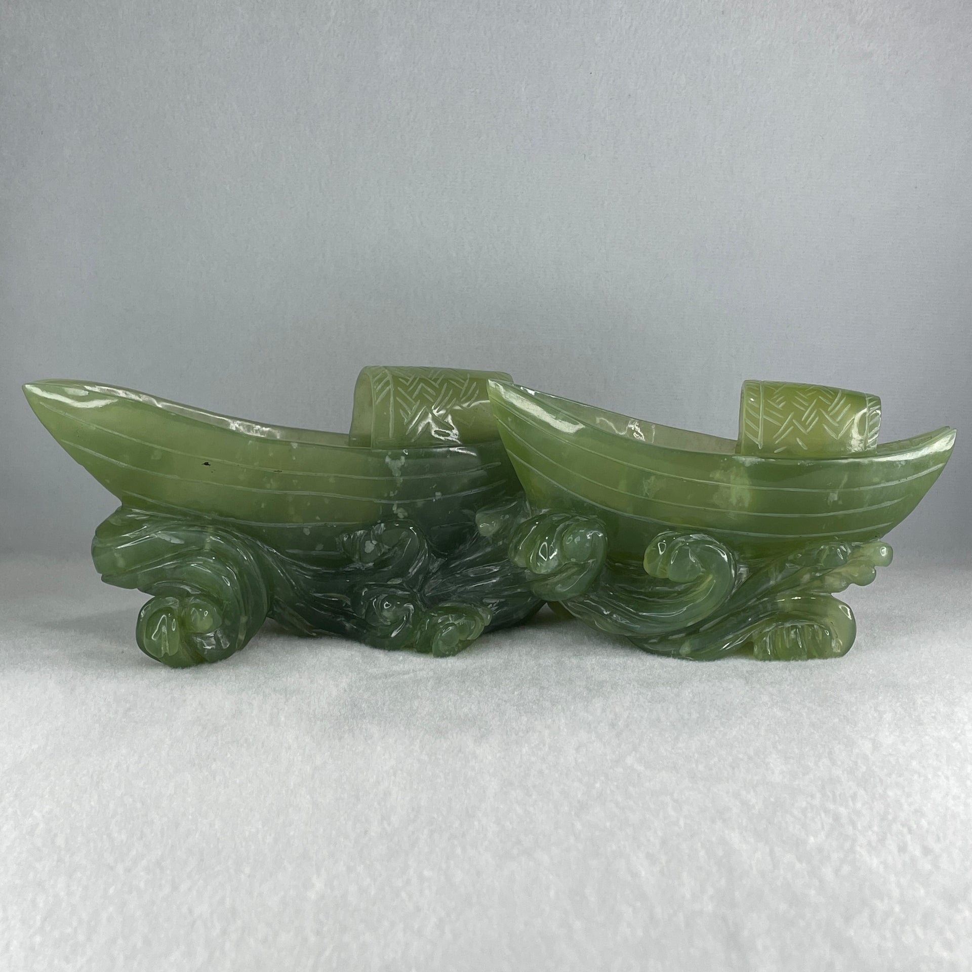 Natural Semi Icy Green Serpentine Double Boats Display 1,692.9g 287.0 by 121.0 by 130.0mm - Huangs Jadeite and Jewelry Pte Ltd