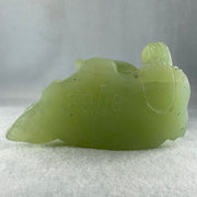 Natural Green Serpentine Siting Milo Buddha with Wealth Pot with Wooden Stand Display 1362.0g 165.0 by 110.0 by 150.0mm - Huangs Jadeite and Jewelry Pte Ltd