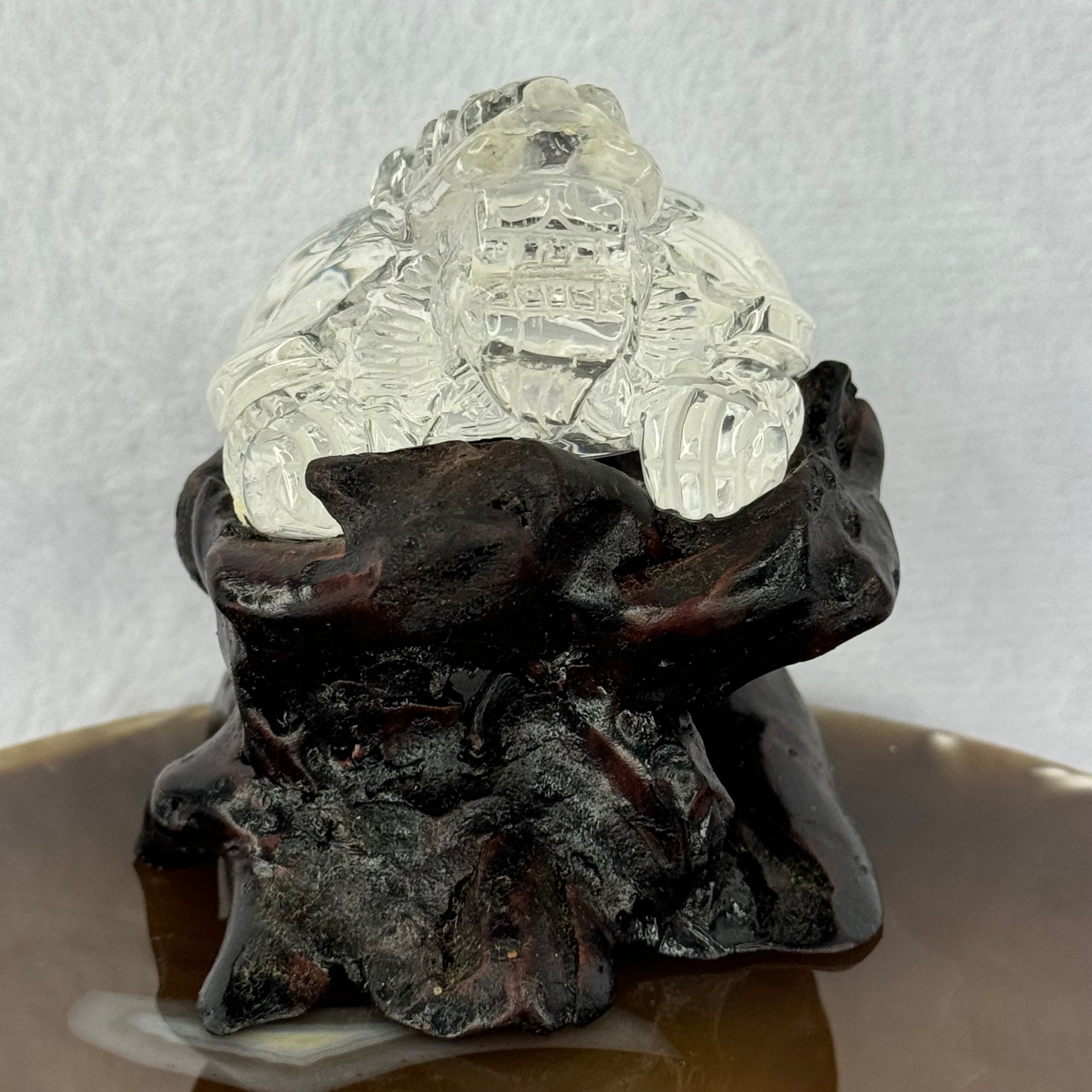 Natural Clear Quartz Dragon Turtle with Wooden Display 214.02g 78.8 by 66.1 by 75.6mm - Huangs Jadeite and Jewelry Pte Ltd