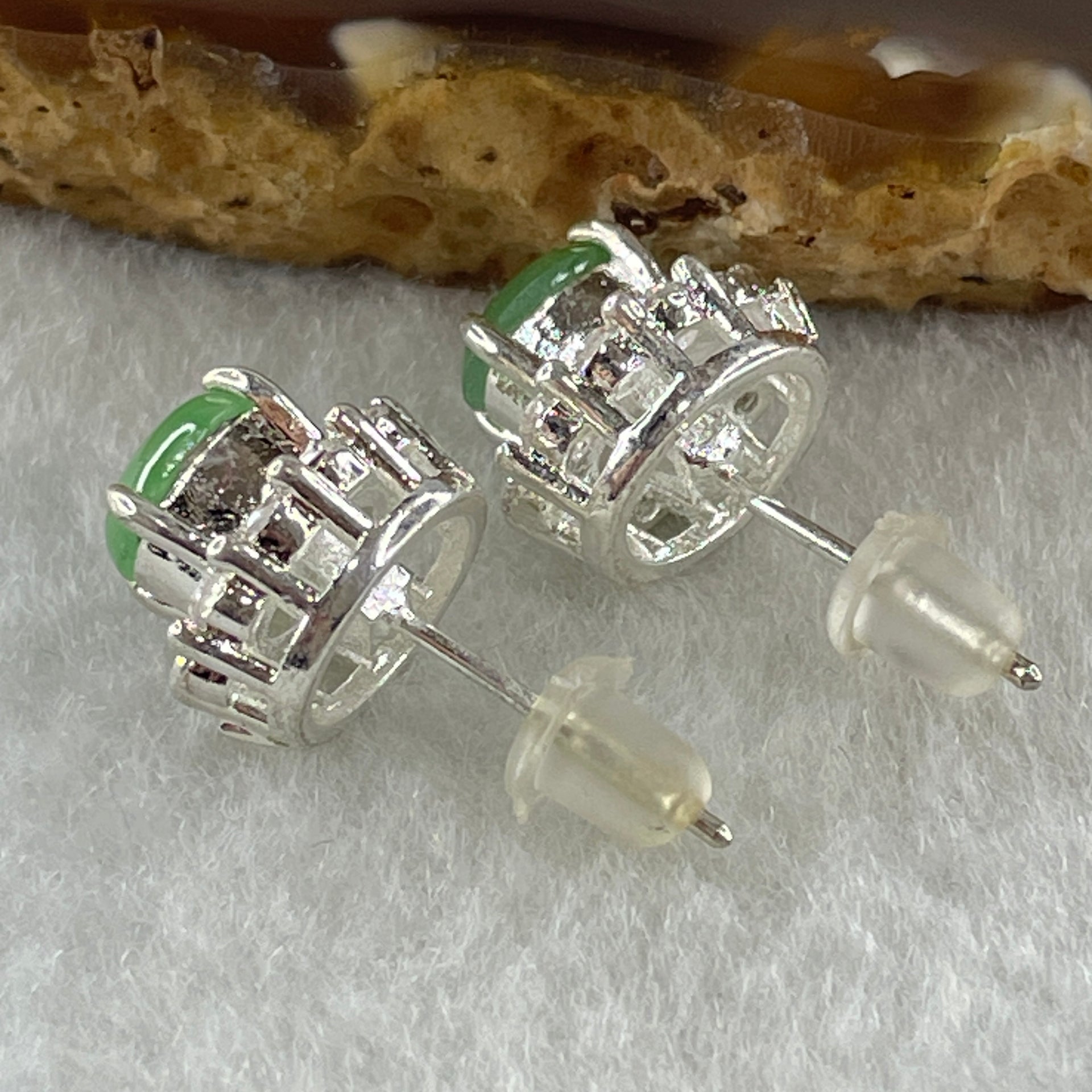 Type A Natural Green Jadeite Cabochon 6.7 by 5.2 by 2.5m Stone for Setting 4.46g (On Silver Earrings Mold) - Huangs Jadeite and Jewelry Pte Ltd