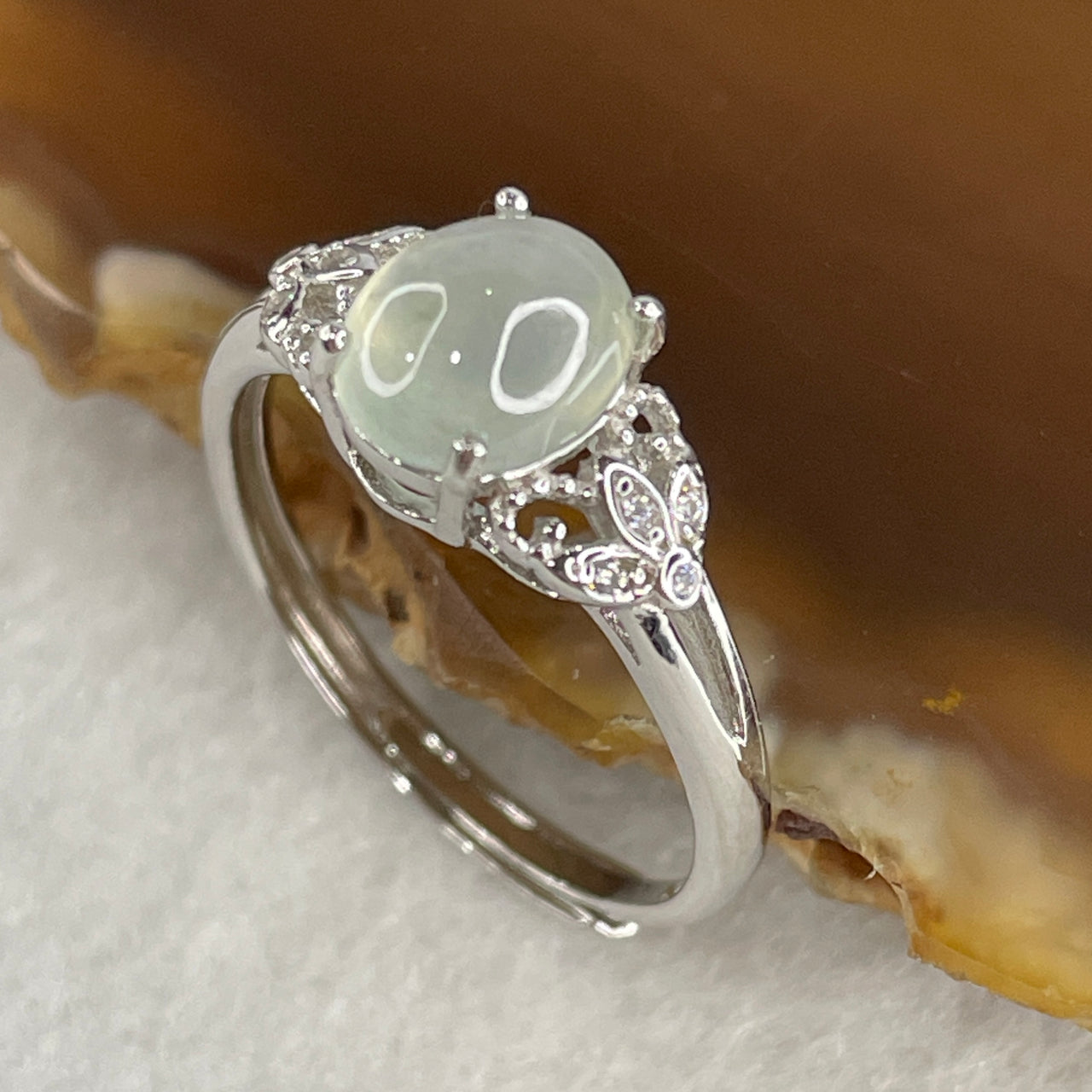 Type A Icy Blueish Green Jadeite Ring in S925 Sliver with Cubic Zirconia 1.84g 7.5 by 6.2 by 3.5mm (Adjustable Size)