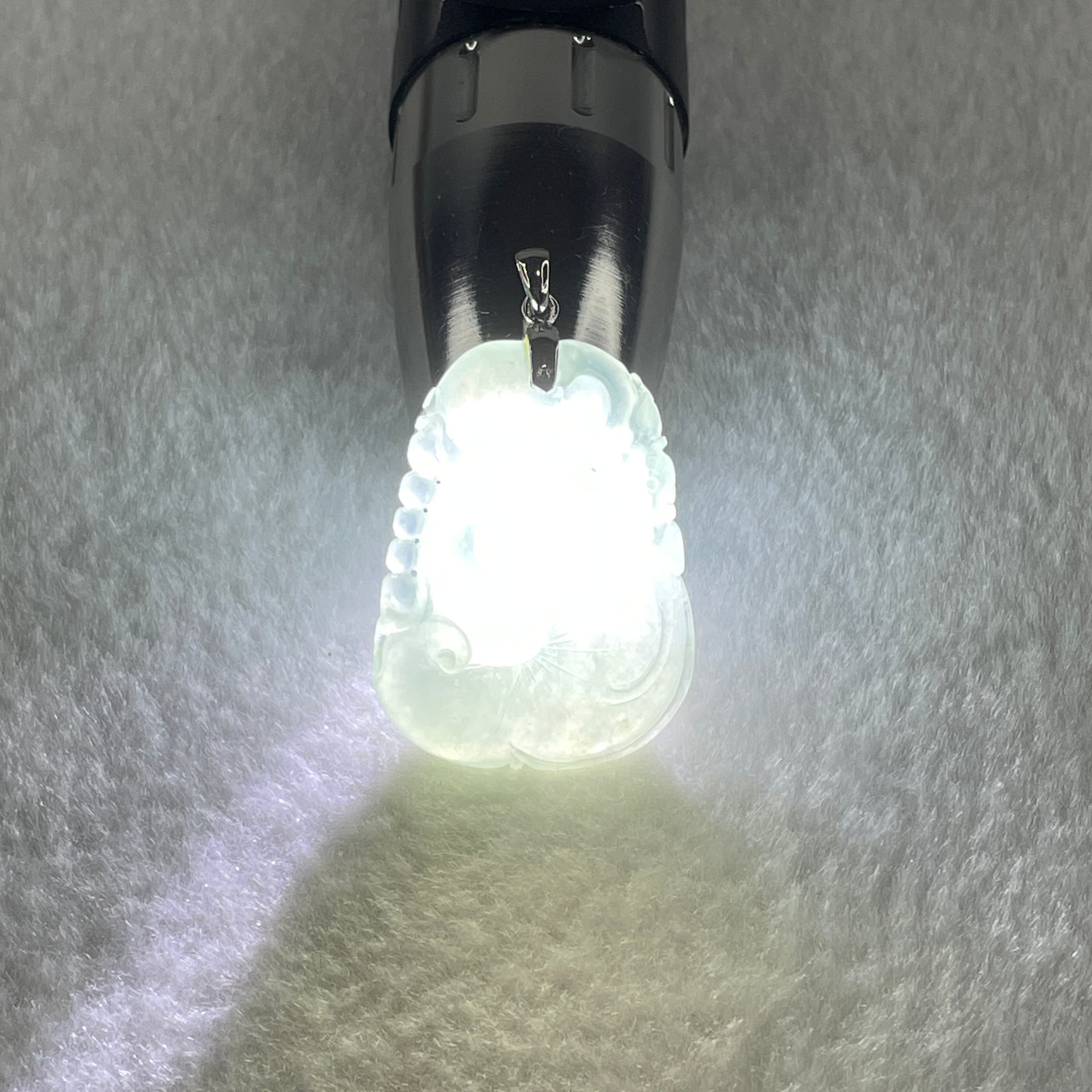 18K 750 White Gold Type A Icy Sky Blue Jadeite Ruyi with Bat Pendant 12.36g 35.5 by 26.6 by 7.1mm - Huangs Jadeite and Jewelry Pte Ltd