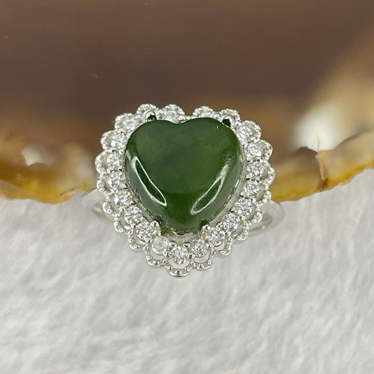 Natural Green Nephrite with Crystals In S925 Sliver Ring  (Adjustable Size) 2.92g 10.4 by 10.0 by 5.0mm - Huangs Jadeite and Jewelry Pte Ltd