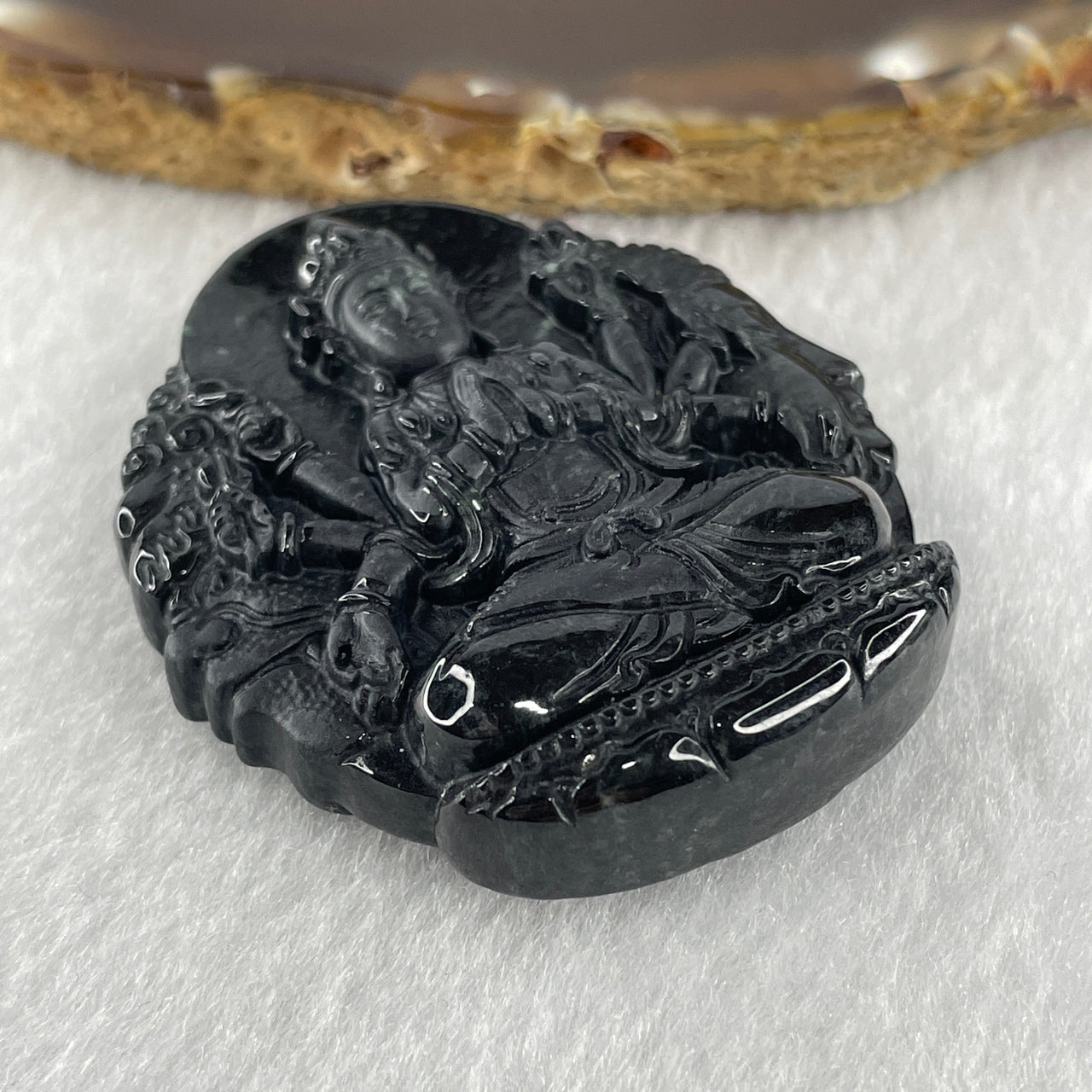 Natural Type A Opaque Black Jadeite Good Vs Evil Thousand Hand Guan Yin Pendant Rat Zodiac Guardian 48.20g 50.8 by 43.9 by 12.8mm