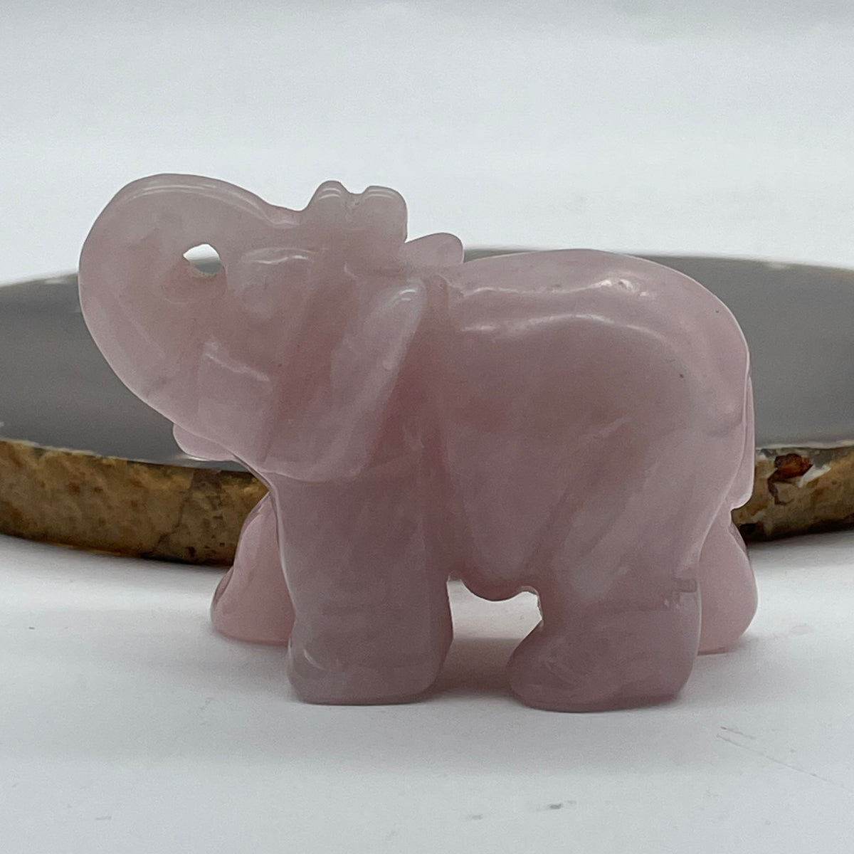 Natural Rose Quartz Elephant Display | (110.97g | 61.5 x 31.4 x 47.5mm | Catalyst, "Stone of Unconditional Love" Harmony & Relationship Magnet, Feng Shui Prosperity & Peace Symbol)