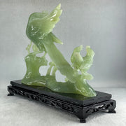 Natural Green Serpentine Phoenix with Twin Birds on Tree with Wooden Stand Display 1,158.3g L257.0 by B98.0 by H203.0mm - Huangs Jadeite and Jewelry Pte Ltd