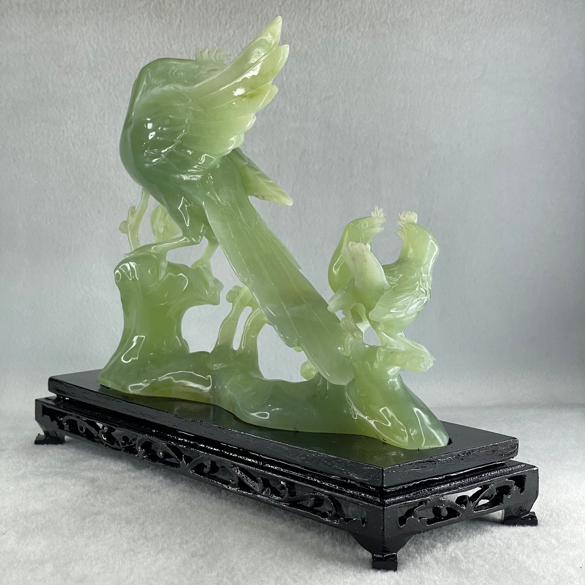 Natural Green Serpentine Phoenix with Twin Birds on Tree with Wooden Stand Display 1,158.3g L257.0 by B98.0 by H203.0mm - Huangs Jadeite and Jewelry Pte Ltd
