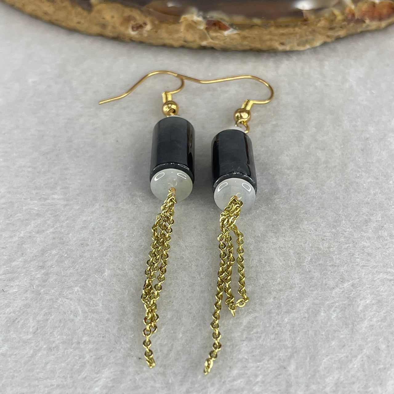 Natural Type A Light Grey Wuji Jadeite Earrings | Gold Color Lulutong Barrel Bead Dangling Drop Earrings (5.51g, 12.7x7.6mm)