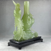 Natural Green Serpentine Double Phoenix on Tree and Vase with Wooden Stand Display 1,377.4g 180.0 by 210.0 by 86.0mm - Huangs Jadeite and Jewelry Pte Ltd