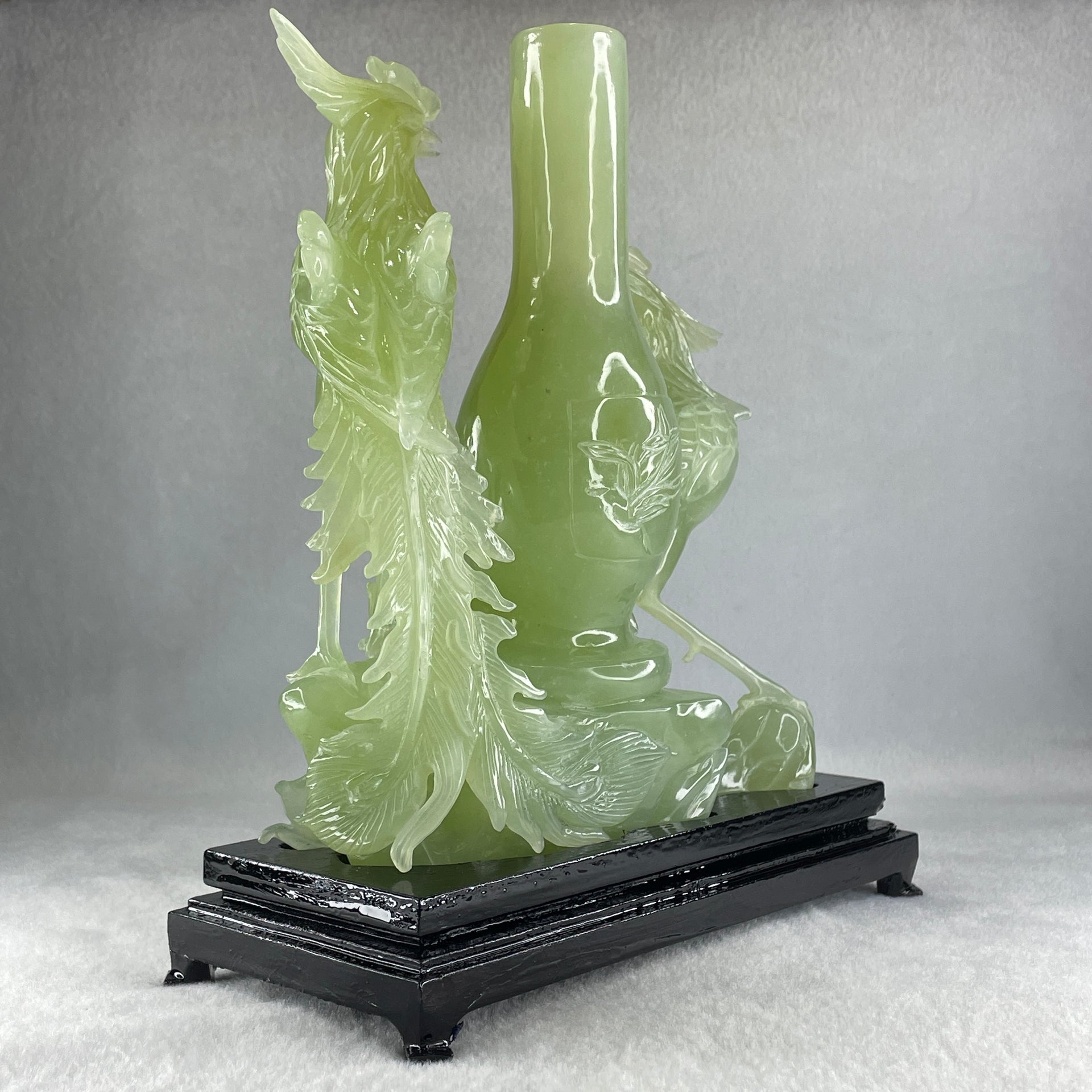 Natural Green Serpentine Double Phoenix on Tree and Vase with Wooden Stand Display 1,377.4g 180.0 by 210.0 by 86.0mm - Huangs Jadeite and Jewelry Pte Ltd